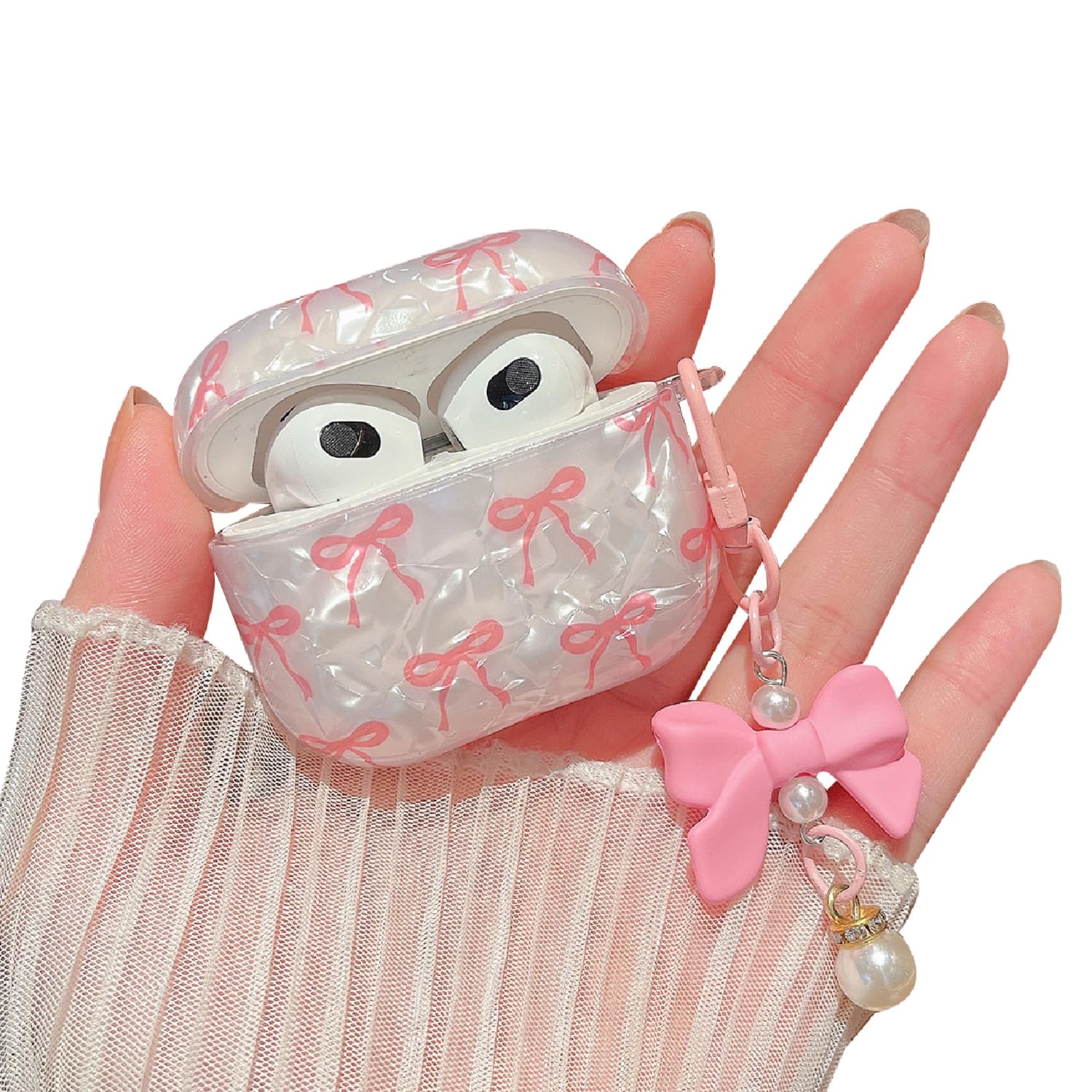 MINSCOSE for Cute Glitter AirPods 4 Case,Shell Pattern Bow Ribbon Trendy Design with Bowknot Pearl Keychain,Protective Shockproof Cover for Apple Airpods iPod 4th Generation for Women Girl-Pink