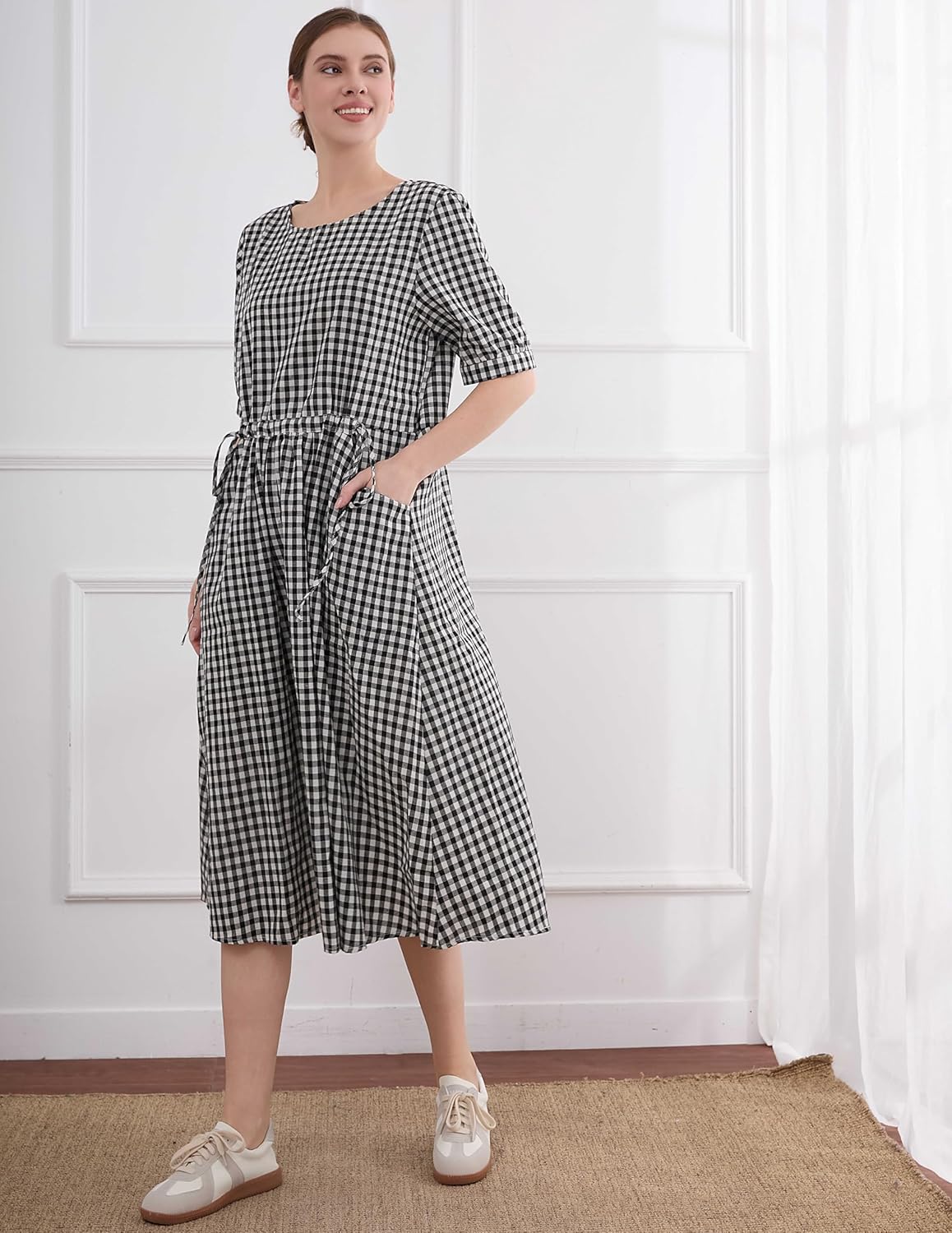 Minibee Women's Cotton Linen Dress Summer Short Sleeve Casual Plaid Flowy A-Line Midi Dresses with Pockets - Image 3