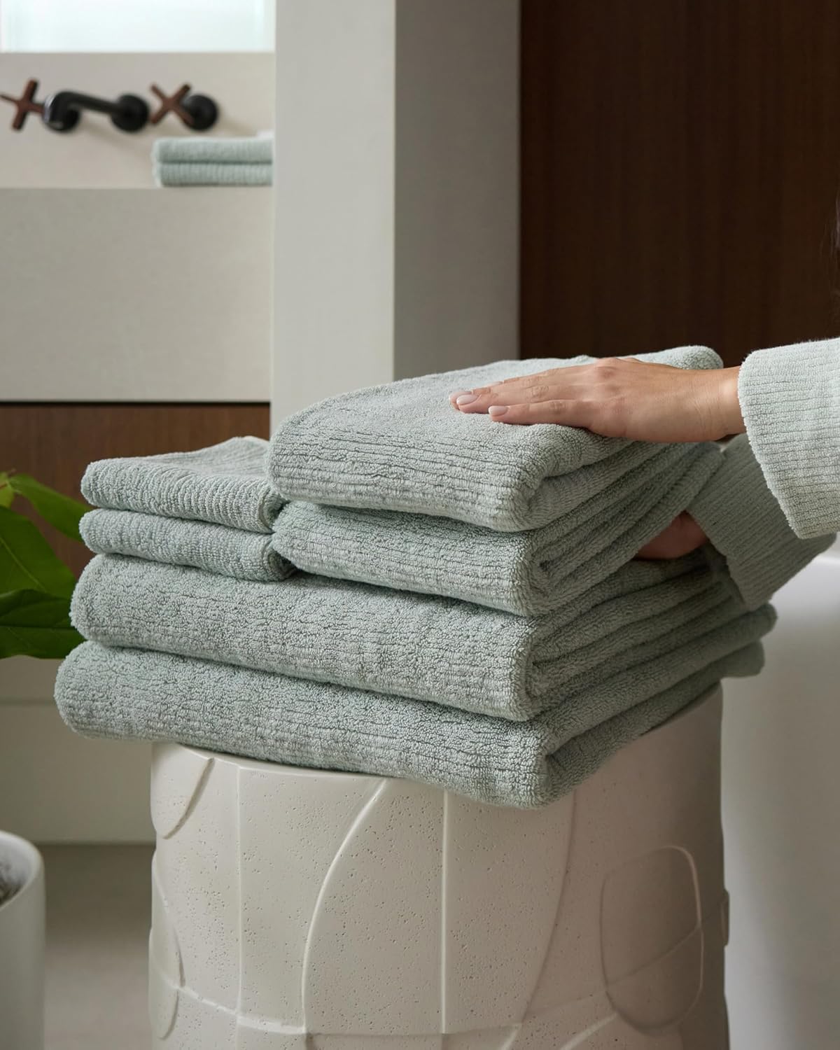 Cozy Earth Complete Ribbed Terry Bath Bundle - 60% Cotton 40% Viscose from Bamboo - Soft & Absorbent Cotton Bath Towel Set - 4 Washcloths, 2 Hand Towels, 2 Bath Towels, 2 Bath Sheets - Laurel