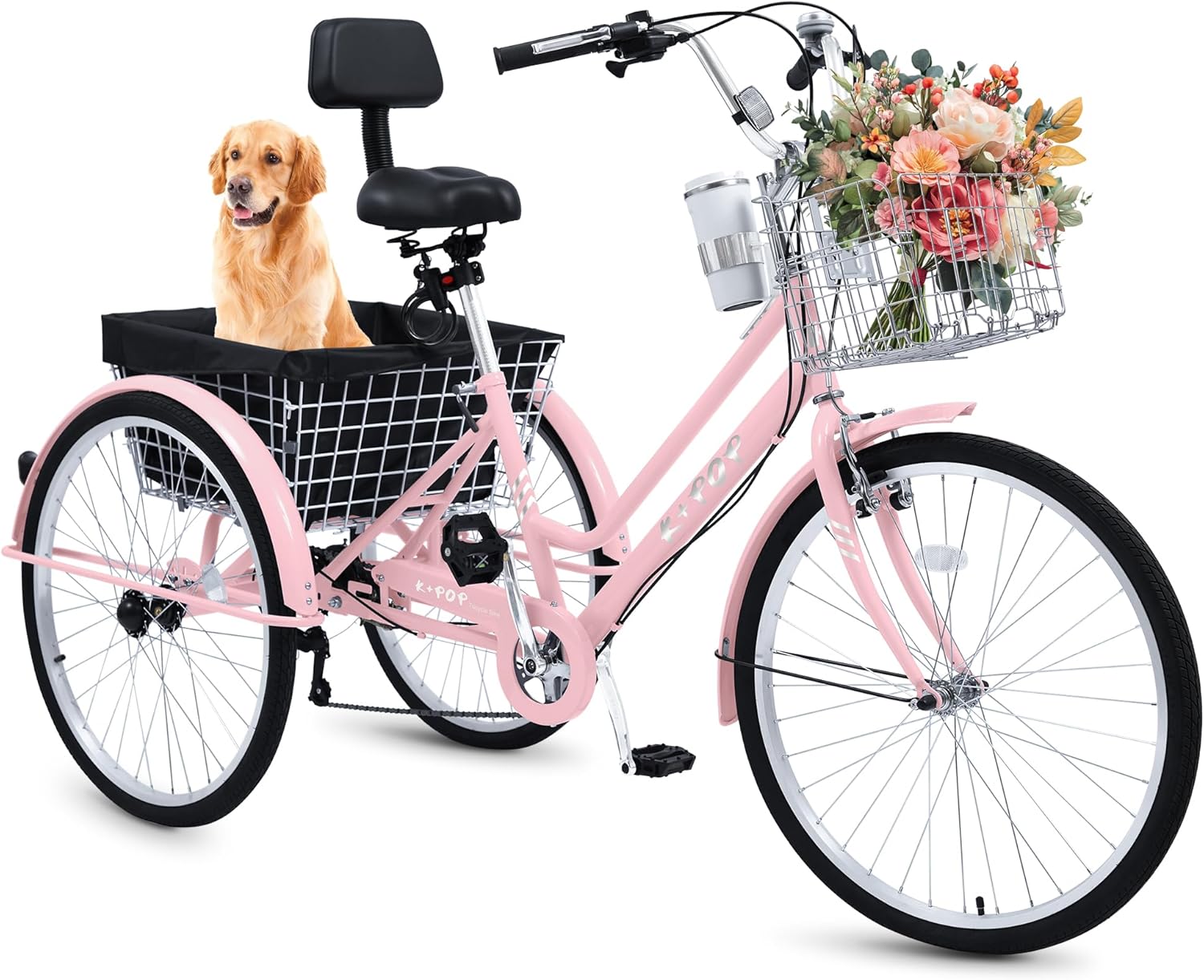 24/26 Inch Adult Tricycle, 3 Wheel Bikes for Adults, 7 Speed Beach Cruiser Bike Tricycle for Adults, Adult Tricycles for Women Men with Basket, Coffee Cup, Adjustable Seat