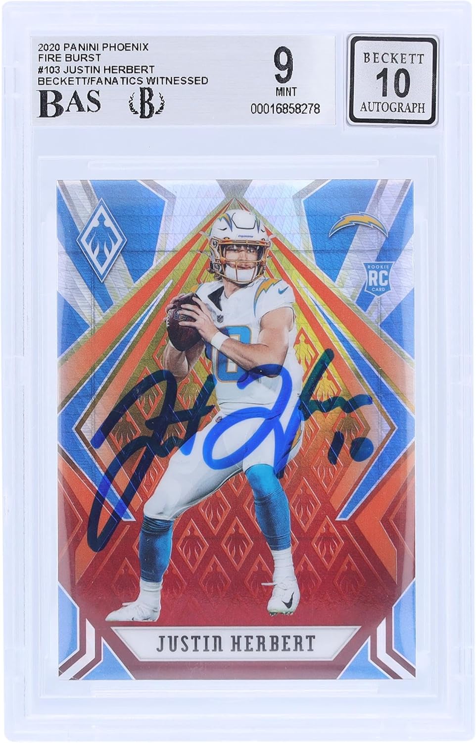 Justin Herbert Los Angeles Chargers Autographed 2020 Panini Phoenix Fire Burst #103 Beckett Fanatics Witnessed Authenticated 9/10 Rookie Card - Football Slabbed Autographed Rookie Cards