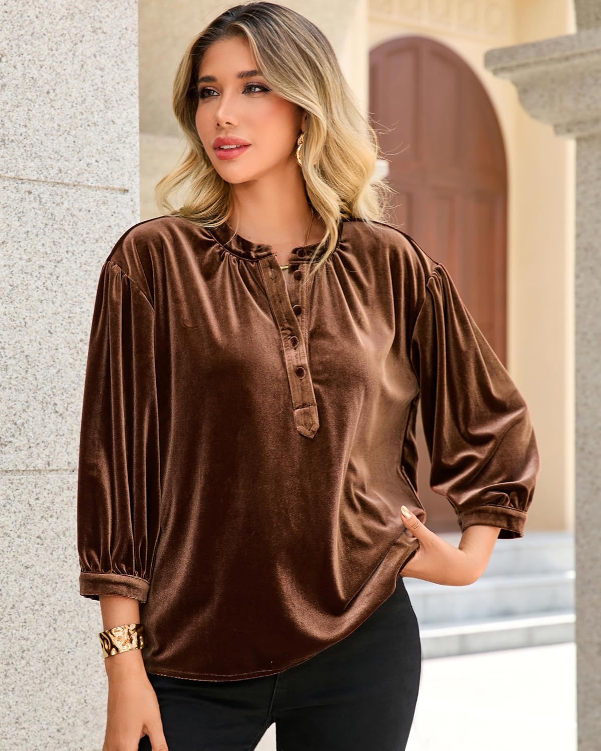 R.Vivimos Fall Tops for Women 2026 Velvet 3/4 Sleeve Henley Button Up Loose Casual Blouses Shirts - Image 5