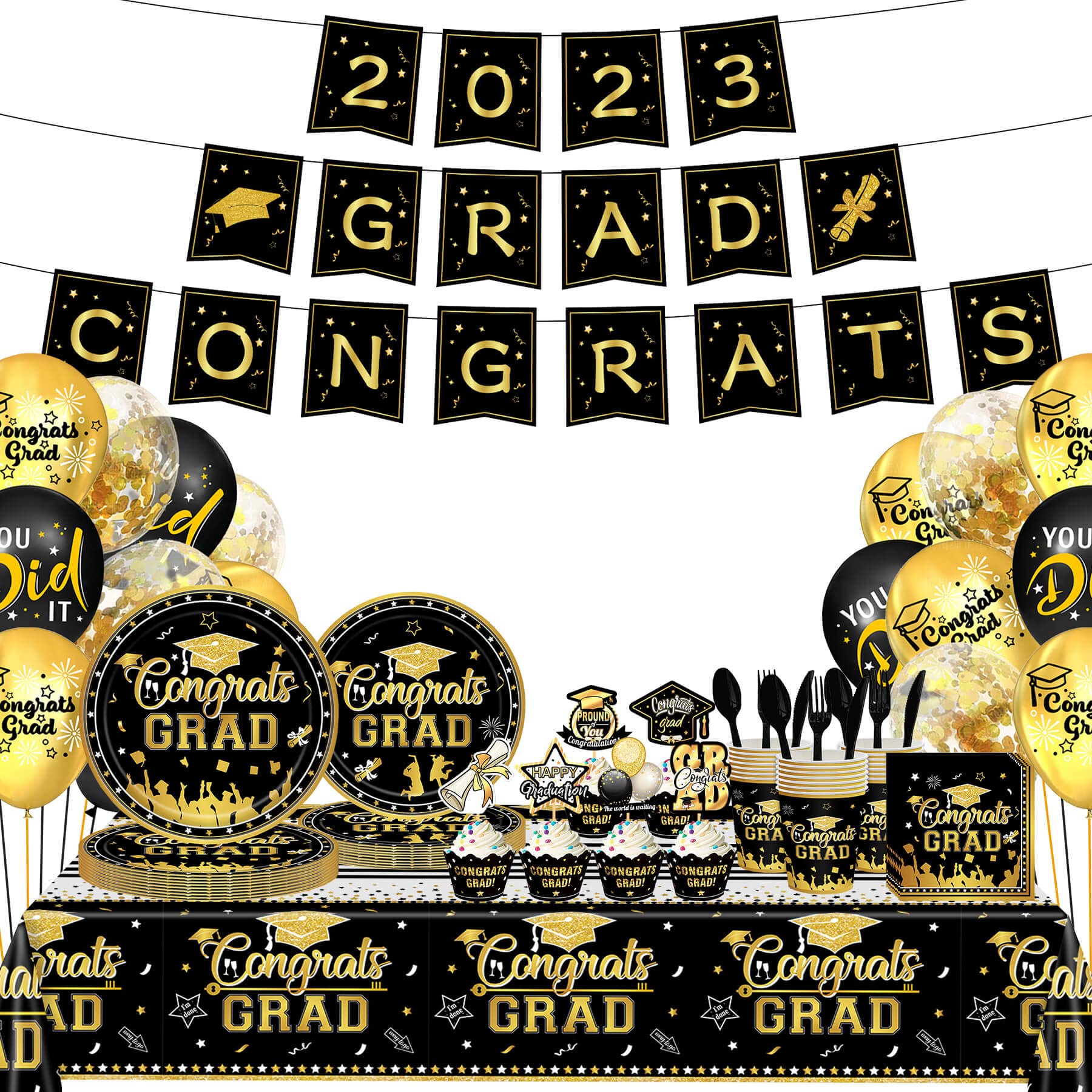 Congrats Grad Party Supplies Set Graduation Decoration of 2023 Dinnerware Party Bundle, Disposable Paper Plates Napkins Cups Tablecloth Banner for Congrats Grad Party Decorations, Serve 24 (Graduation Theme)