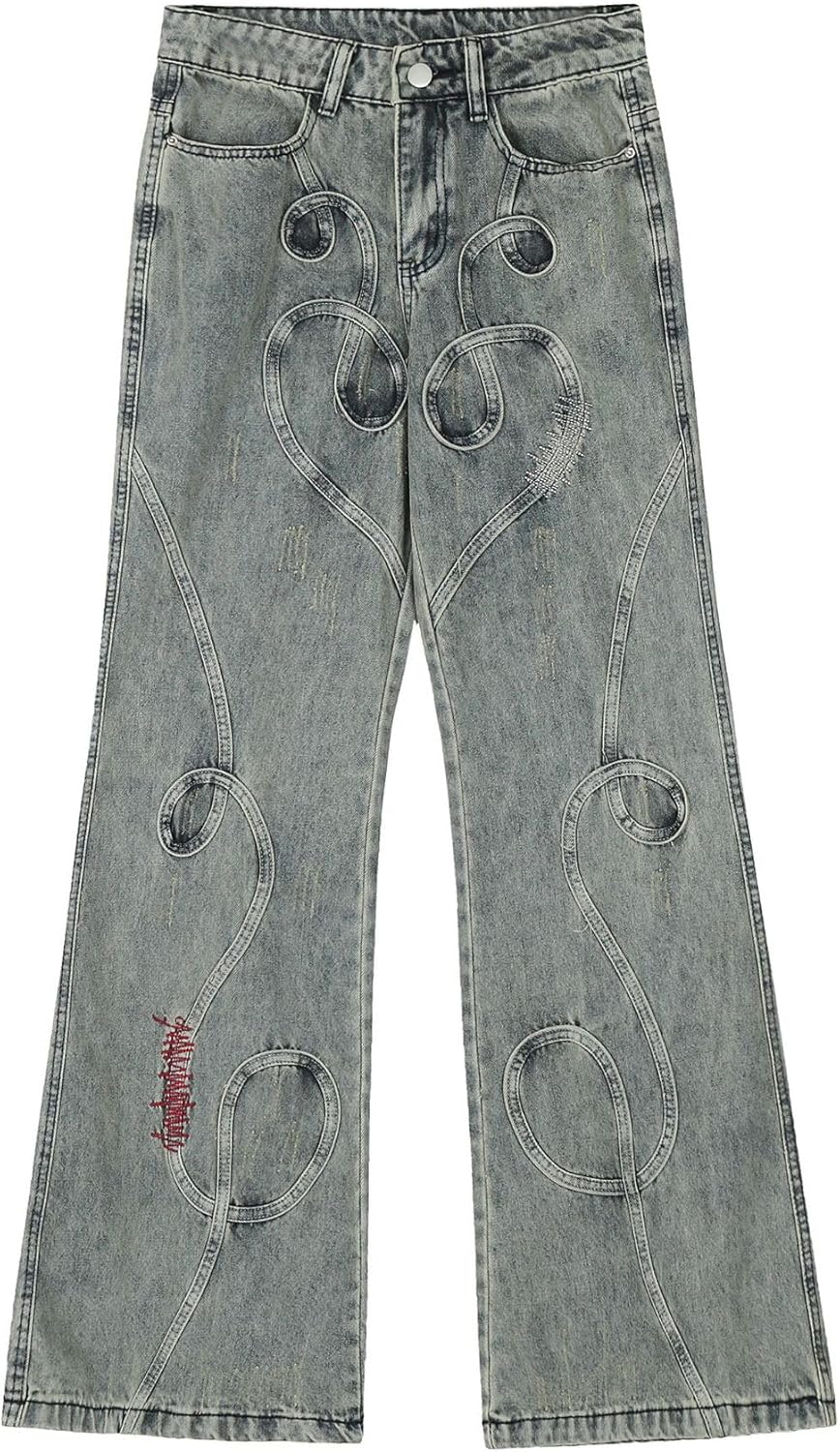 [MDHEWSH] ウィメンズレトロ刺繍ライン装飾ハイウエストストレートレッグデニムパンツ