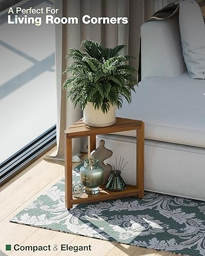 Miniatura 7 de BLUEWEST Taburete de ducha esquinero, banco de ducha de esquina de madera para afeitarse las piernas dentro de la ducha, reposapiés impermeable con