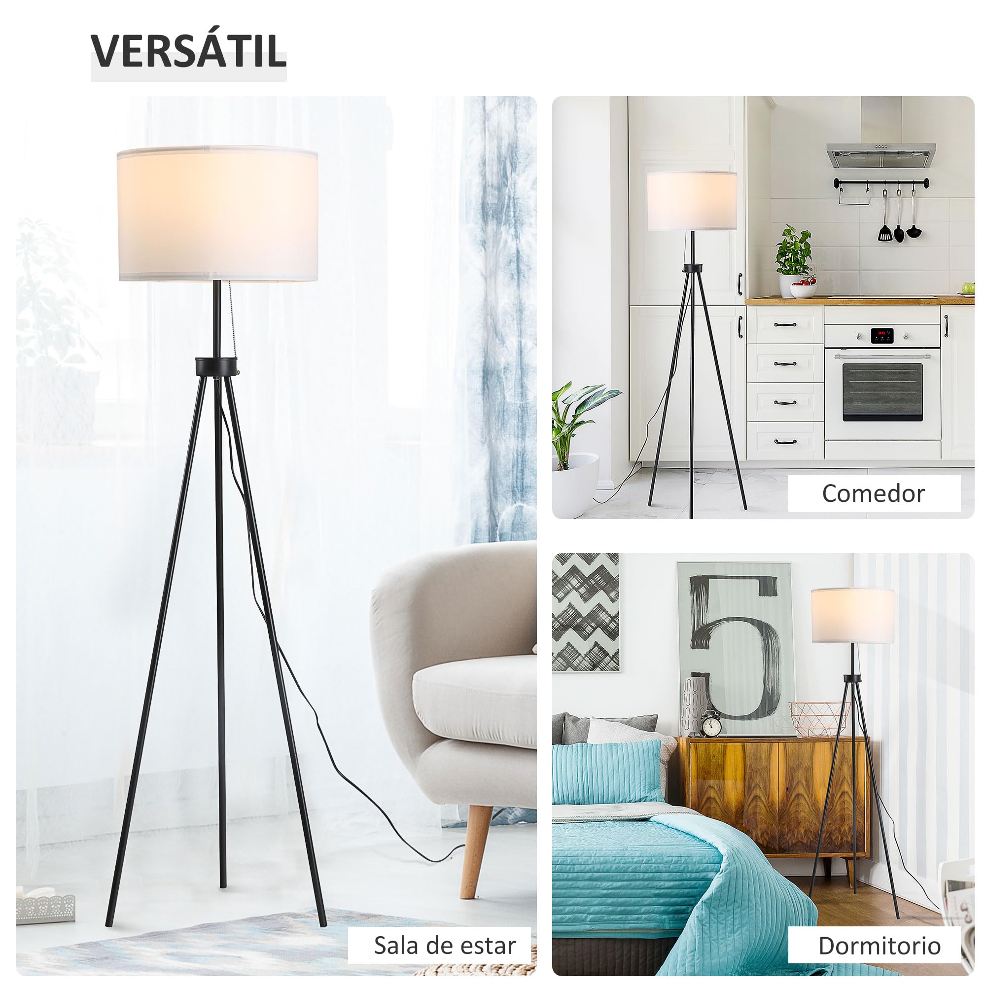 HOMCOM Lámpara de Pie Moderna Lámpara de Pie Salón con Pantalla Redonda Trípode y Casquillo E27 Lámpara para Dormitorio Sala de Estar Blanco y Negro