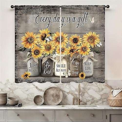 Miniatura 46 de Rusitc - Cortinas de cocina de algodón para granja, 27.5 pulgadas de ancho x 39 pulgadas de largo, 2 paneles con bolsillo para barra, estilo retro,