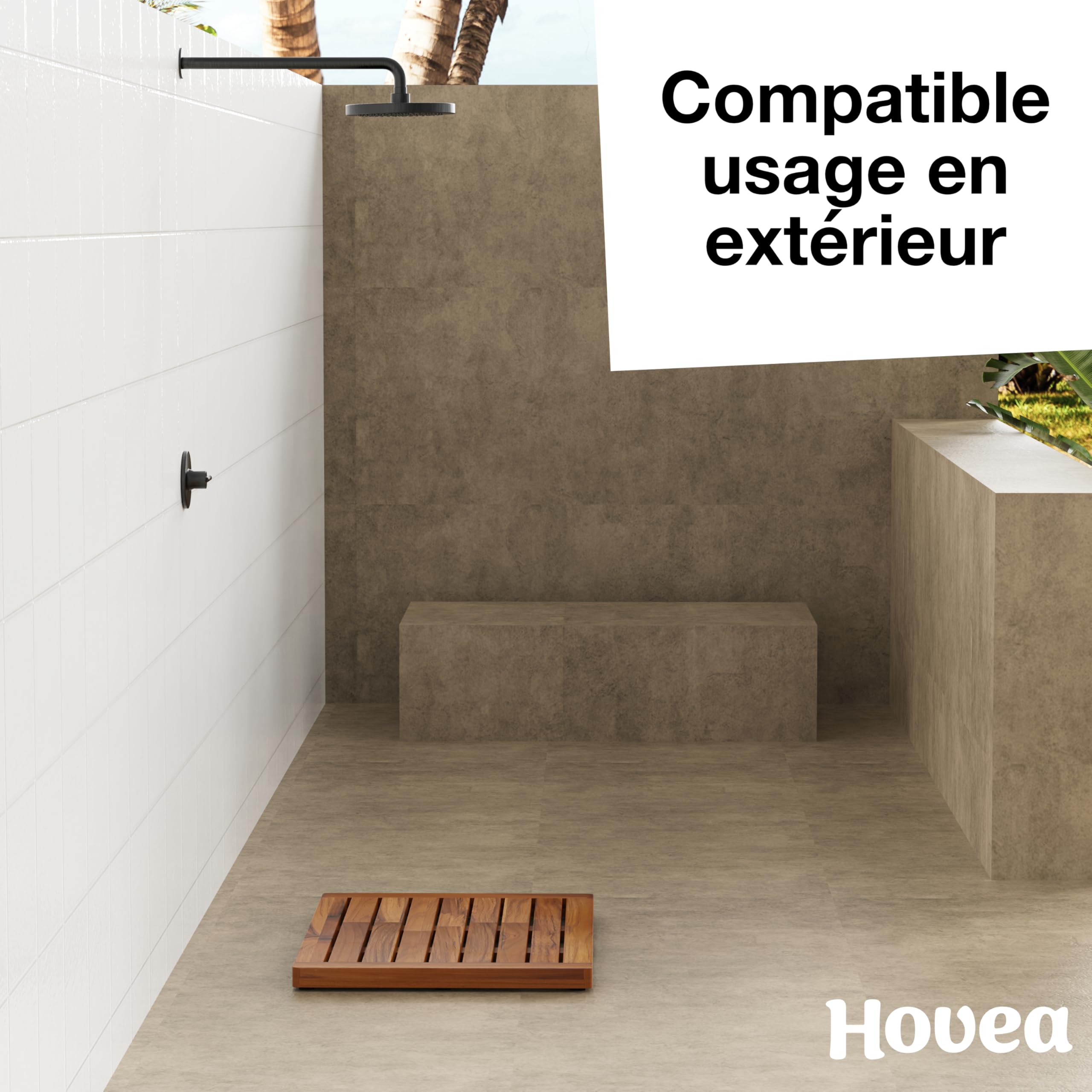 Caillebotis de Douche 61 x 45 cm - en Bois de Teck - Résistant à l’Humidité, Anti-Moisissures - Tapis de Salle de Bain Rectangulaire - Intérieur, Extérieur - Antidérapant - CB6145
