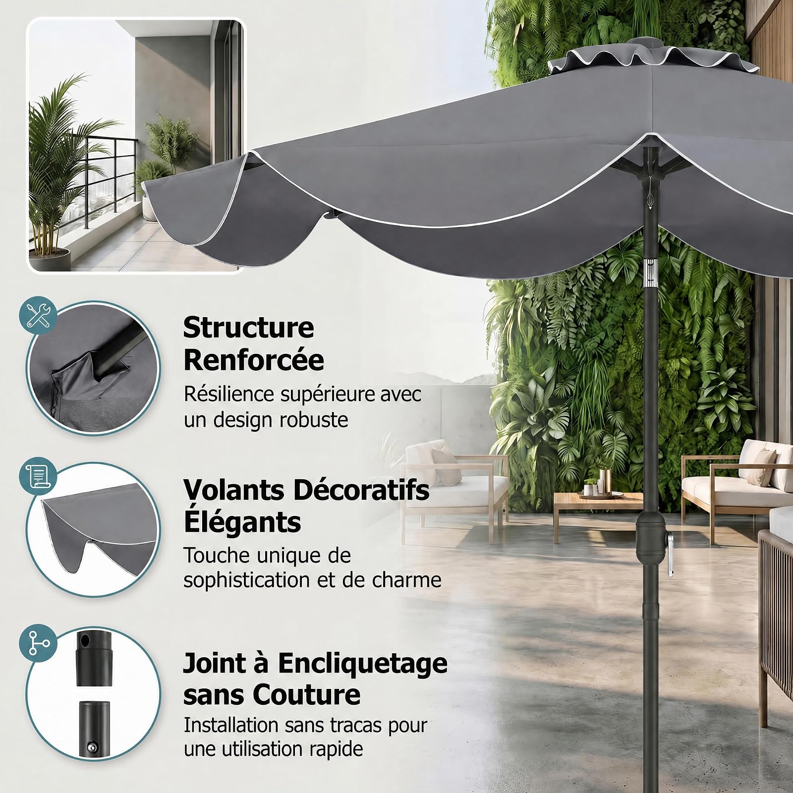 RELAX4LIFE 2,7M Parasol Inclinable à Volants pour Terrasse Balcon Piscine, Parasol de Jardin Extérieur à 8 Baleines, Protection UV, Polyester Résistant, Manivelle, Loquet de Sécurité, Attache (Gris)