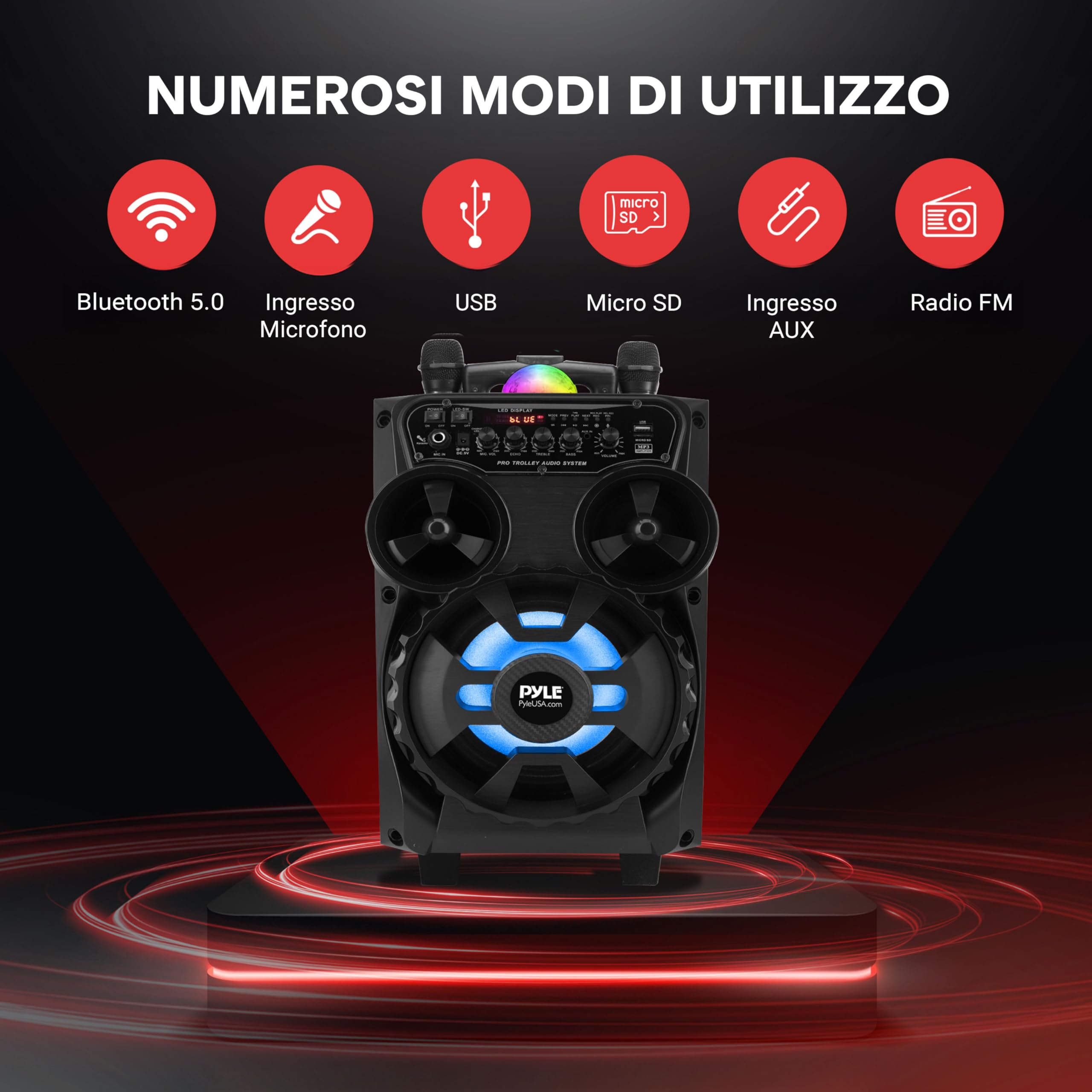 Pyle Cassa Bluetooth Portatile 580 Watt, Altoparlante Bluetooth 20,3 cm con Microfono Wireless, Ruote, Trolley, TWS, Luci LED Disco, Display, FM/AUX/MP3/USB/SD, Ingresso 6,35 mm