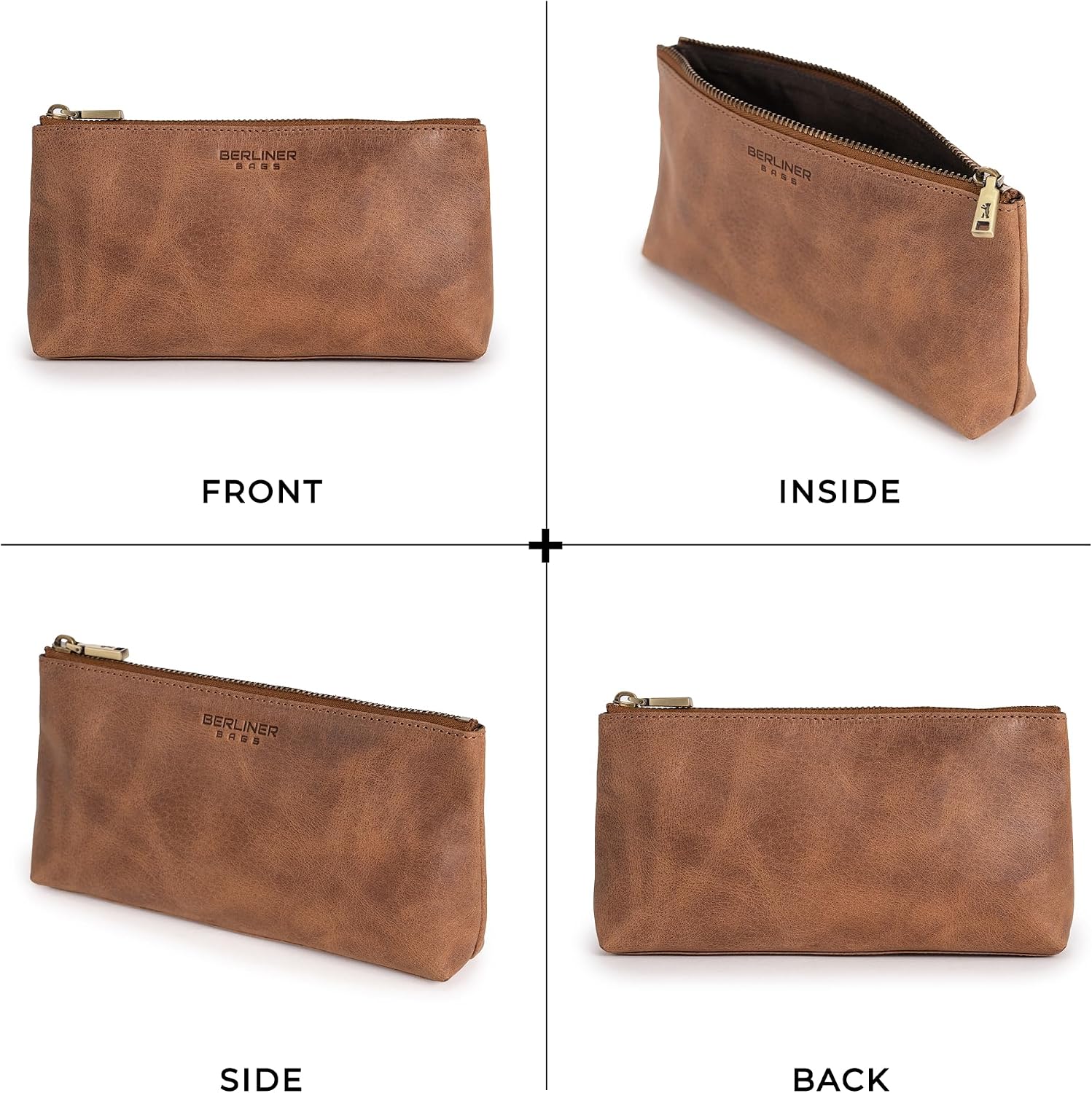 BERLINER BAGS Vintage Genuine Leather Makeup Bag Anna, Cosmetic Bag for Purse, Travel and Cosmetics Pouch with Zipper for Women- Brown