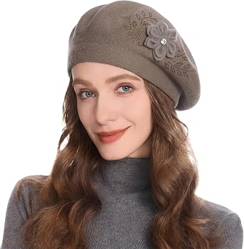 ZLYC Women French Beret hat Solid Color Floral Beret Cap, Plain Dark Gray | Parisian cafe daily styling, travel photo snap, autumn winter daily wear, dating party matching, vintage french style