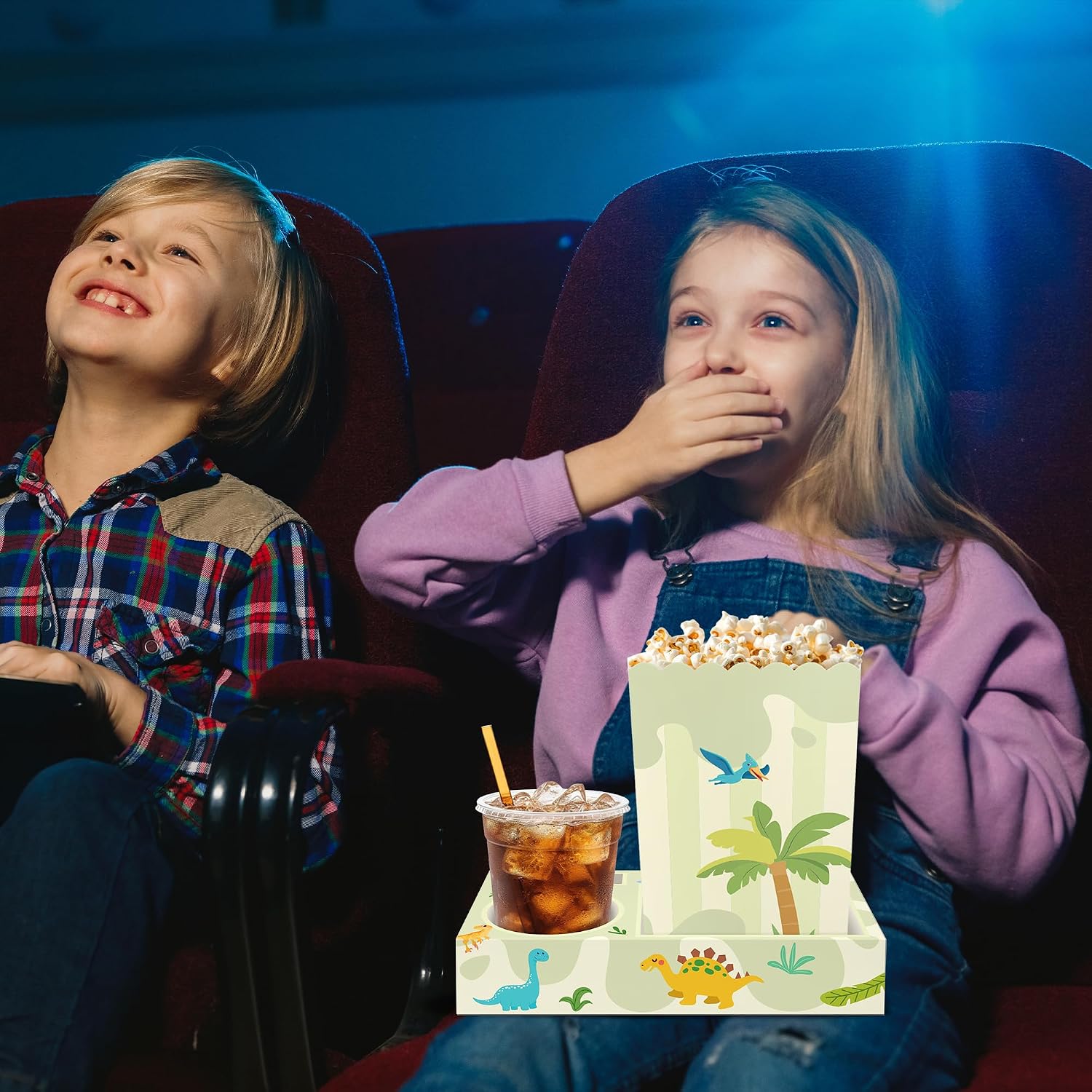 Movie Night Supplies 24pcs. 12 Movie Night Snack Trays & 12 Popcorn Containers. Perfect for Family Movie Night and Kid's Birthday Party (Dinosaur)