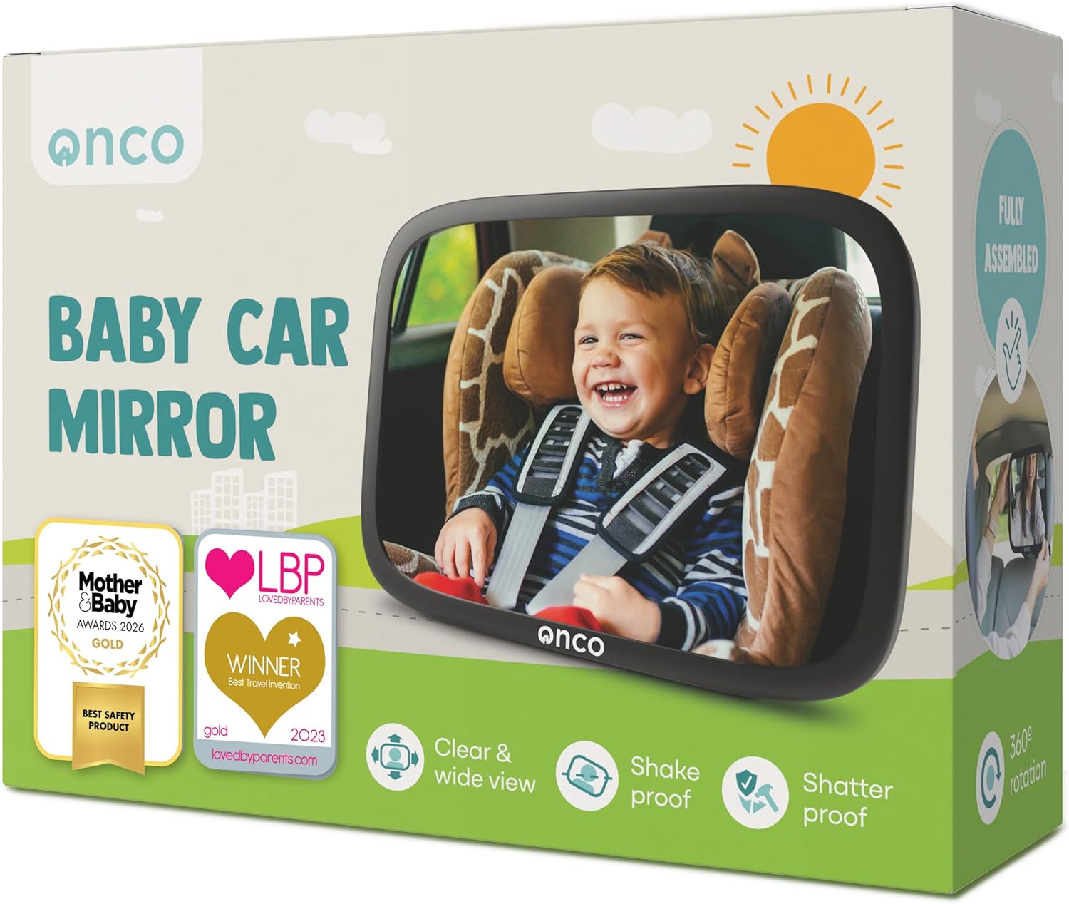 Onco Baby Car Mirror for Back Seat - Double Award-Winning, 100% Shatterproof Mirror, 360° Baby Must Haves, New Born Essentials, Car Mirror Rear Facing, Universal & Shake-Proof
