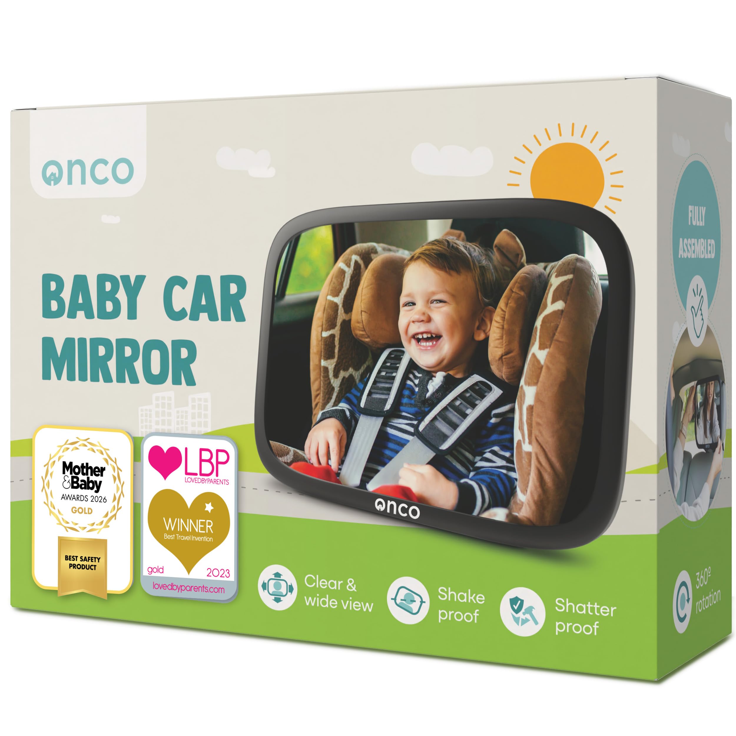 Onco Baby Car Mirror - Peace of Mind to Keep an Eye on Baby in a Rear Facing Child seat - Premium Black Frame