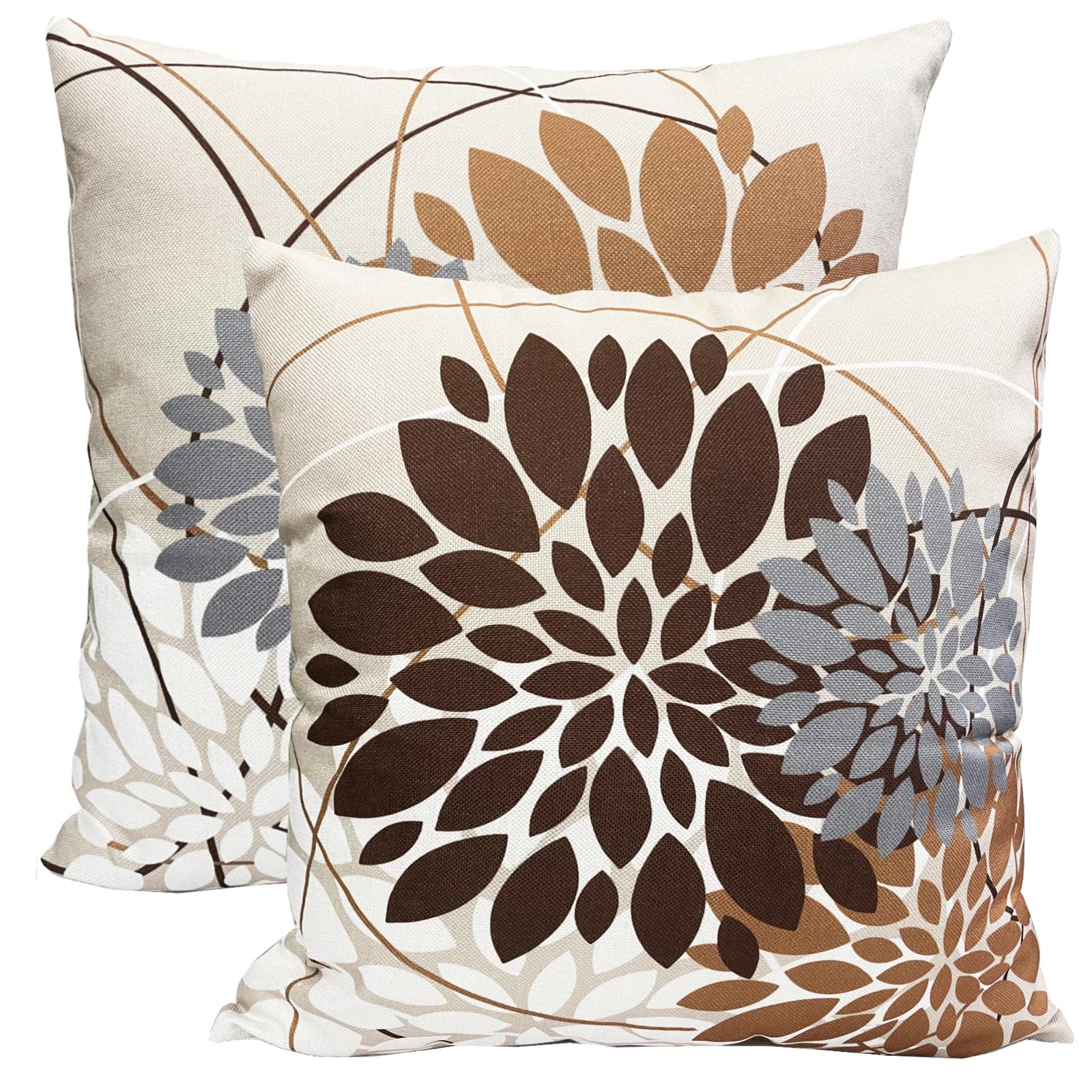 RYSMIYOU Decorative Throw Pillow Covers Set of 2 Coffee Brown Pillow Covers 18x18 inch Linen Square Pillow Cases,Farmhouse Modern Geometric Floral