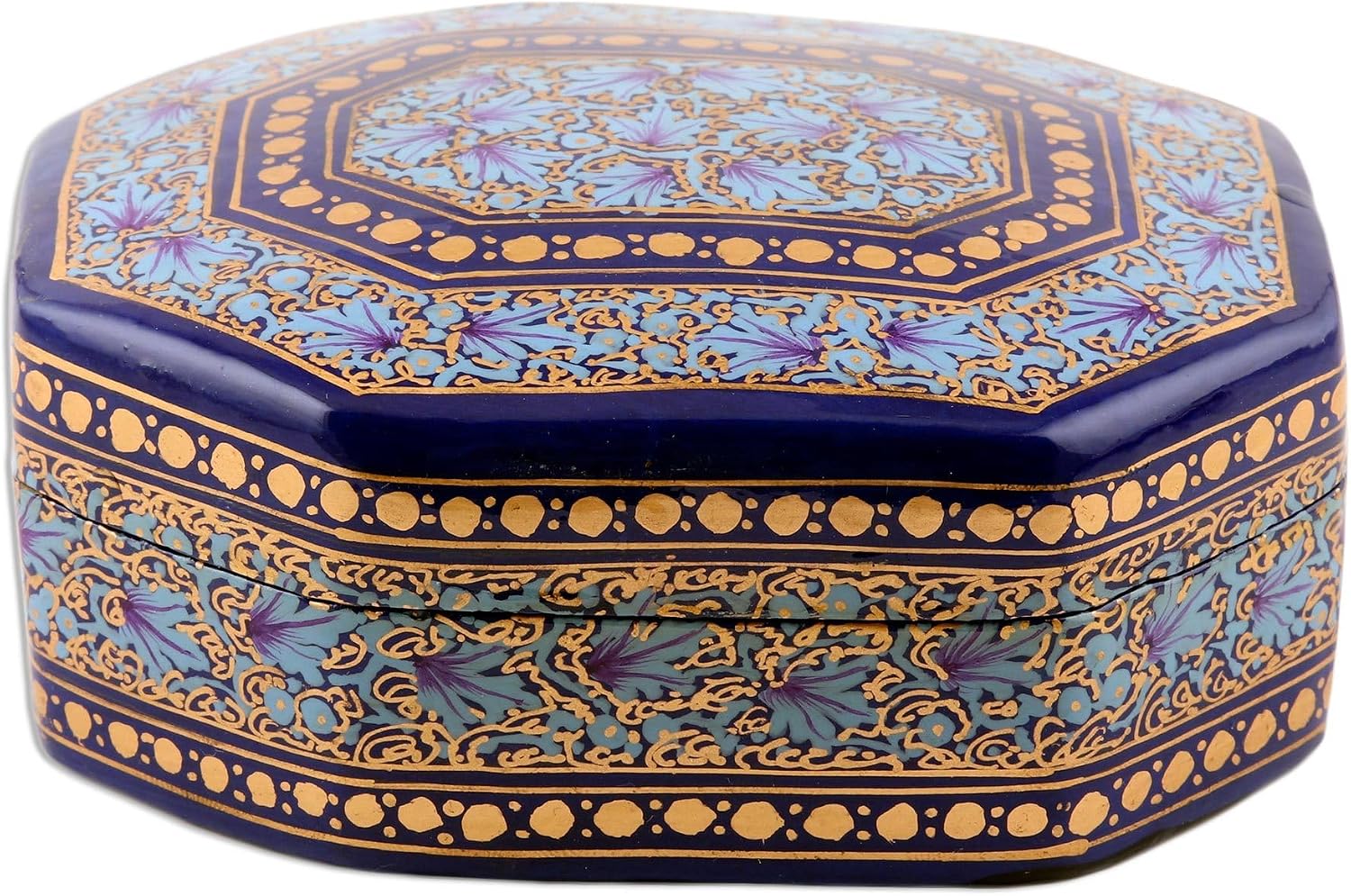 NOVICA Artisan Handmade Papier Mache Decorative Box Elegant Painted Blue Gold Tone Wood India Accessories Boxes Leaf Tree [2.1in H x 4.7in W x 3.7in D] ' Kashmir Royal'