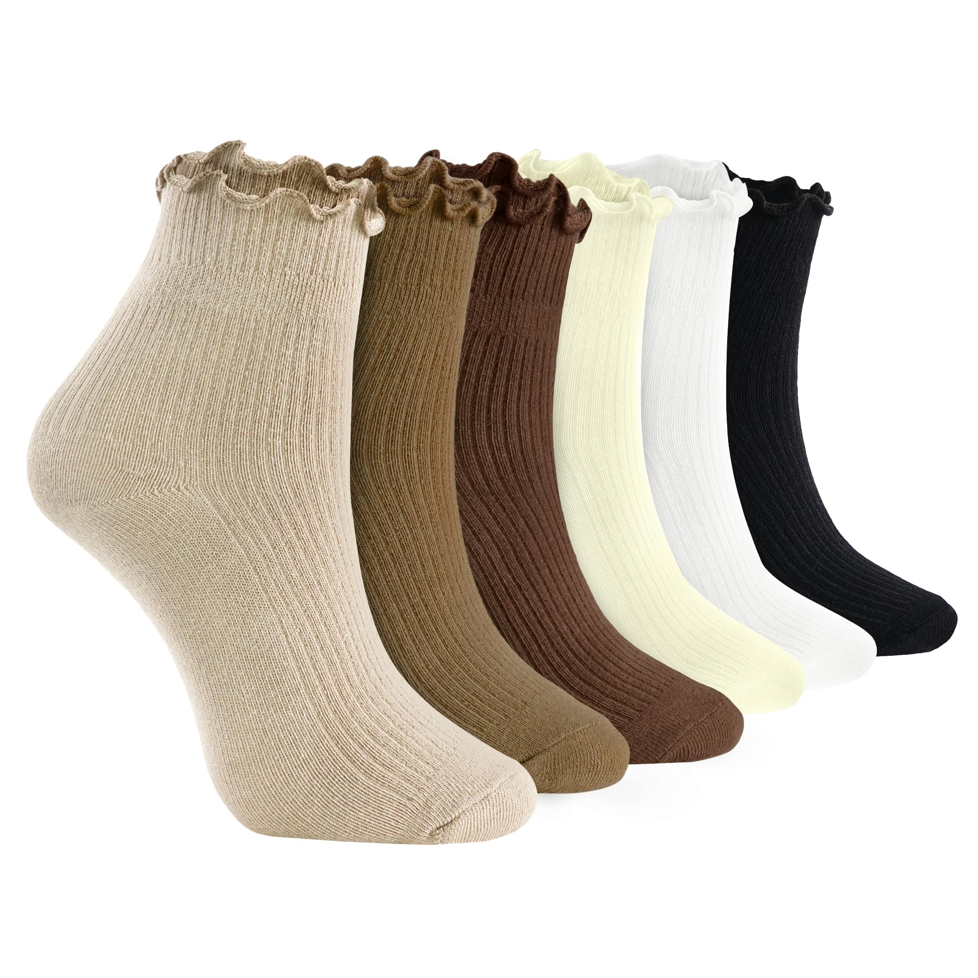 Ruffle Socks Women, Cotton Soft Frilly Ankle Socks 6 Pairs One Size 5-9, Mixed Neutral Color