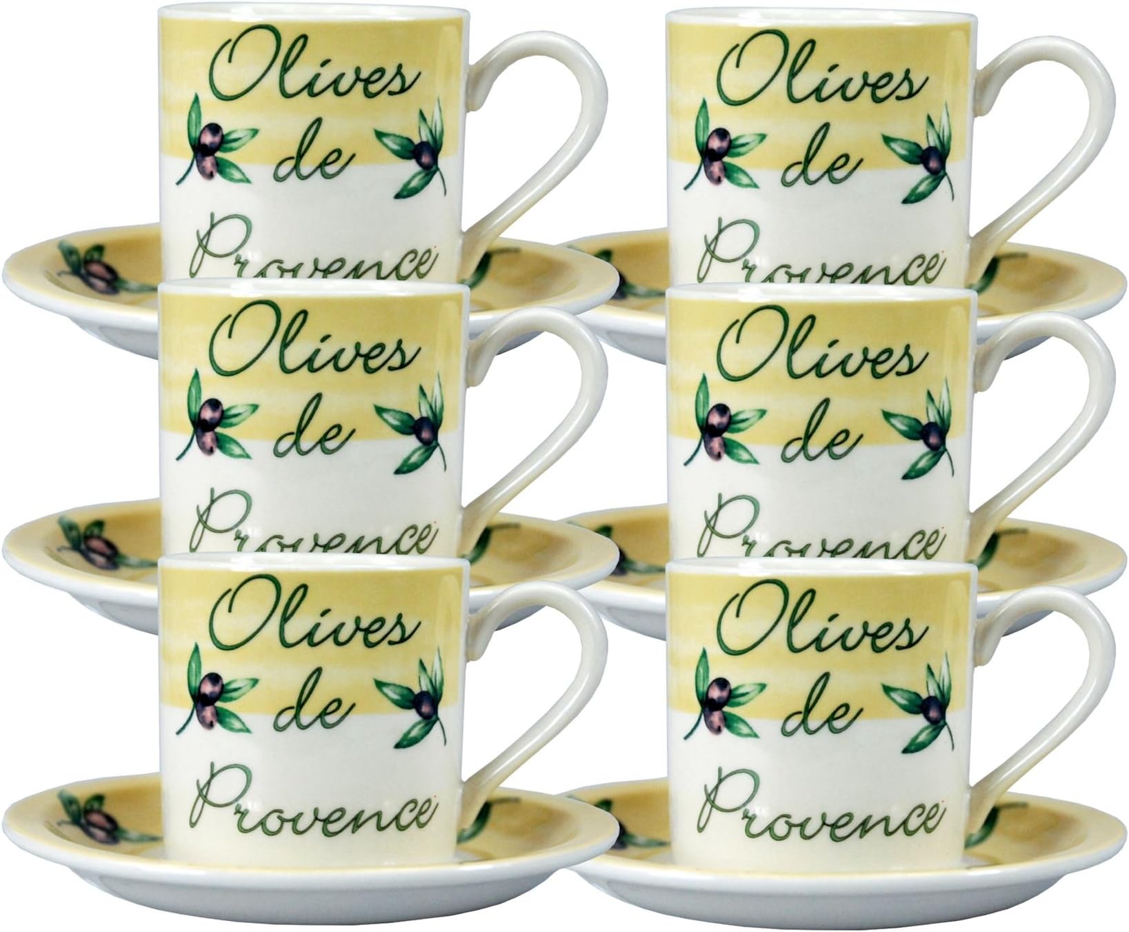 6 x Olives De Provence Porcelain Coffee Cup & Saucer Set Johnson Bros Ware Coffee & Espressco Cups 0.15L 6.5cm Tall & Saucers 13cm Diameter - Dishwasher, Freezer & Microwave Safe
