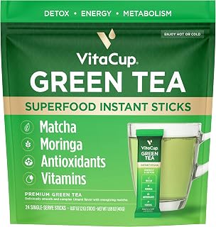 VitaCup Green Tea Instant Packets, Enhance Energy & Detox with Matcha, Moringa, B Vitamins, D3, Fiber, Keto, Paleo, Vegan in Tea Powder Single Serving Sticks, 24 Ct