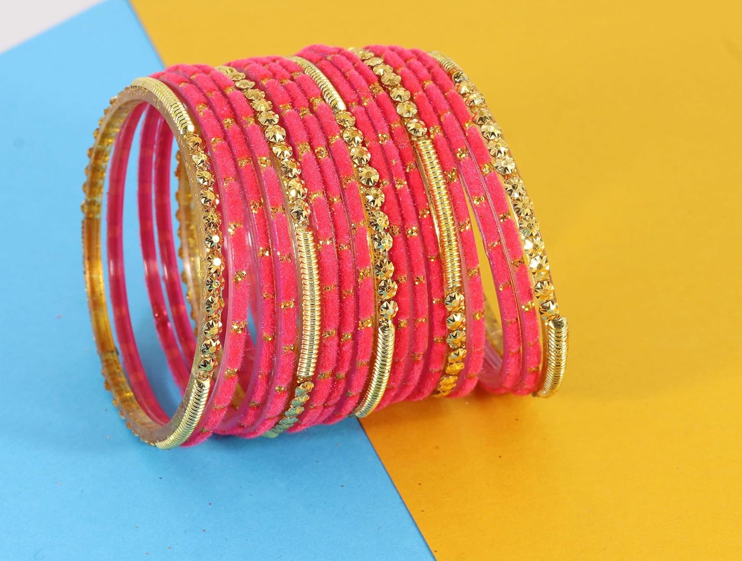 Diwali Sale Zulka Golden Glass Beads &Amp; Glitter Polka Dots Velvet Bangles Set For Women And Girls | Stylish Designer Bangles Glass | Kanch Ki Chudiyan | Bangles For Women Glass | Fashion Jewellery-Set Of 34