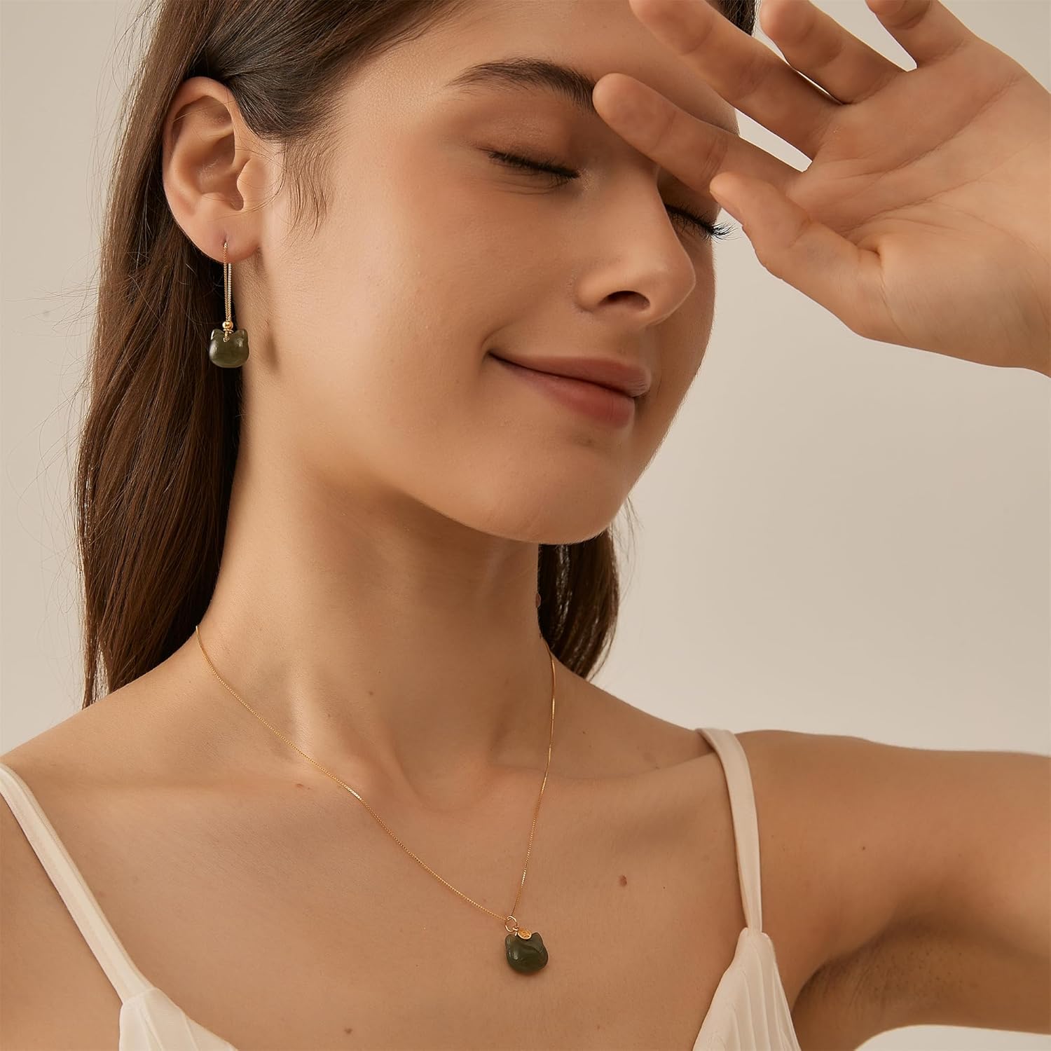 Green Natural Jade Necklace, Cat Shape Jade Pendant for Women, Jade Jewelry for Women Lucky Gifts for Girls Women (925 Sterling Silver with Gold Plated) - Image 6