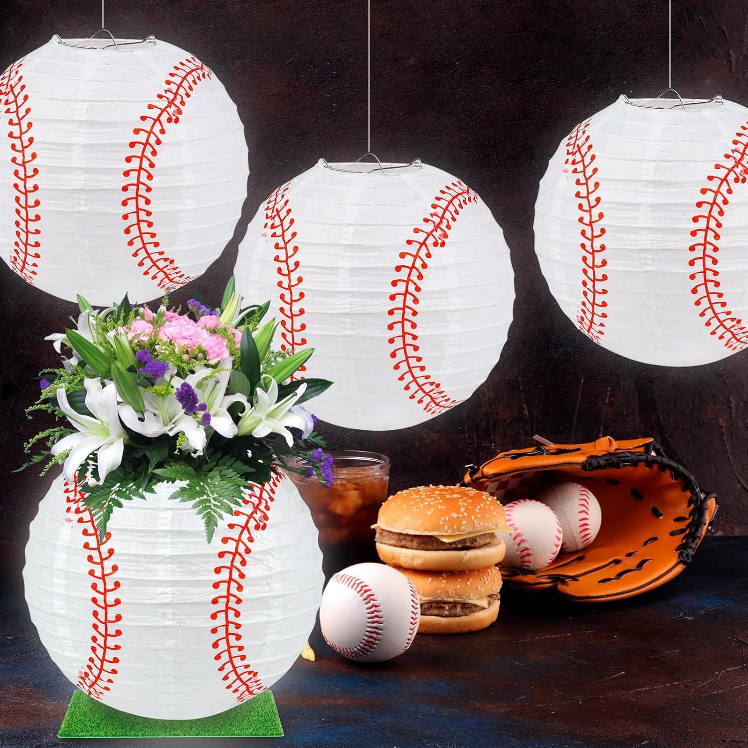6 Sets Baseball Centerpieces for Tables Paper Lantern with 6 Pcs LED lights 6 Pcs Grass Squares 6 Pcs Baseball Paper Lantern and Fishline for Baseball Themed Party Decorations