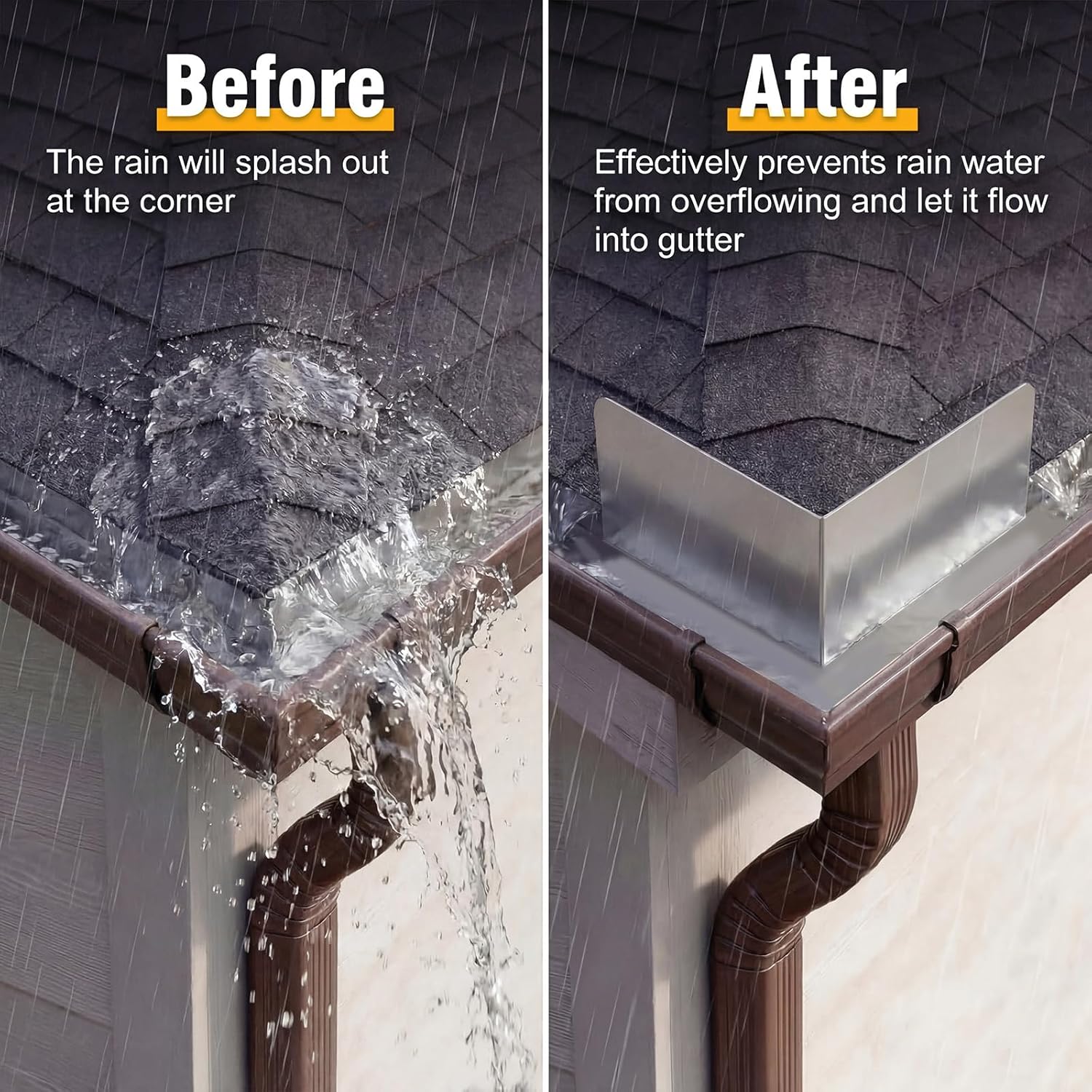 6 Pcs Gutter Valley Splash Guards, Stainless Steel Rain Gutter Diverter with 50 Pcs Matching Gutter Screws, Roofing Gutter Guard for House Shingle Roofs Corner(Bending Style)