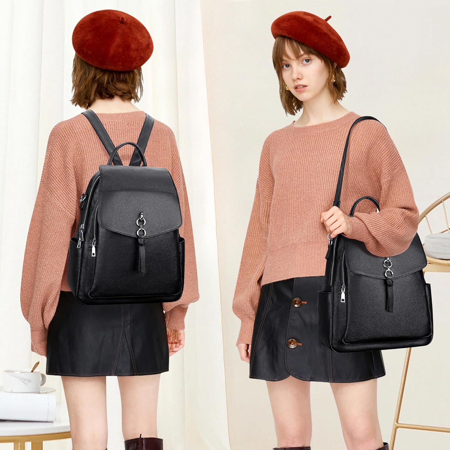 ALTOSY Women Leather Backpack Purse Fashion Convertible Ladies Shoulder Bag with Flap (S96 Classic Black) - Image 3