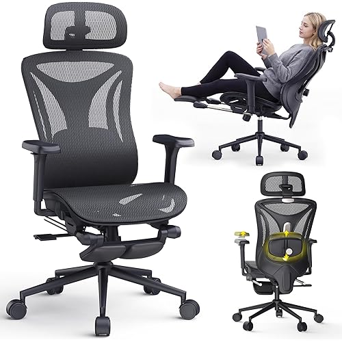 CYKOV Ergonomic Office Chair with Footrest - Adjustable Lumbar Support & Headrest, 90-160° Reclining Mesh Back Computer Chair - Home Office/Gaming, 350lbs Capacity (B-Black, Mesh)