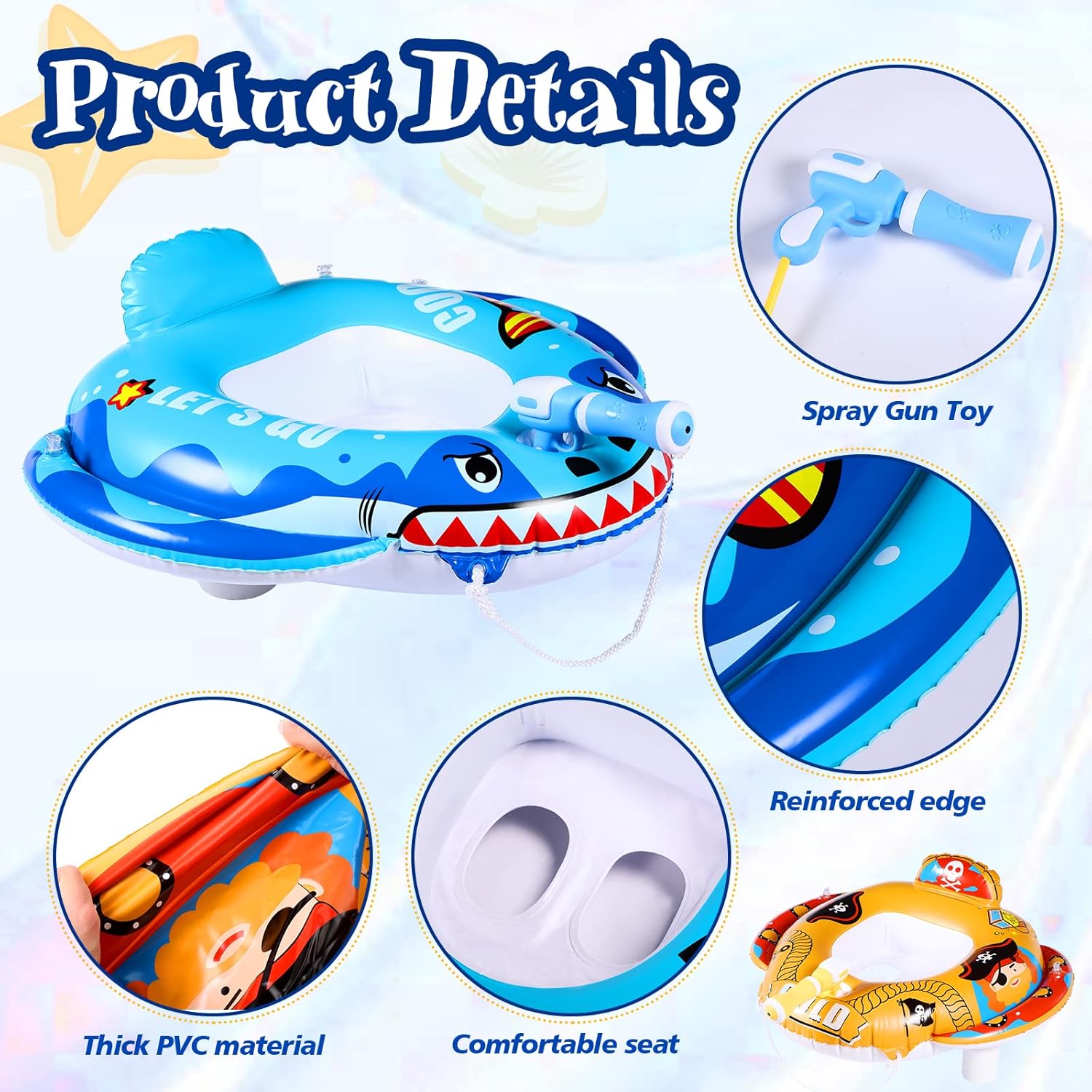 Lenwen 2 Pack Pool Floats for Kids Toddlers Inflatable Pool Float with Water Gun, Shark and Pirate Ship Swimming Pool Floats for Boys Girls for Summer Pool, Beach Party Decor