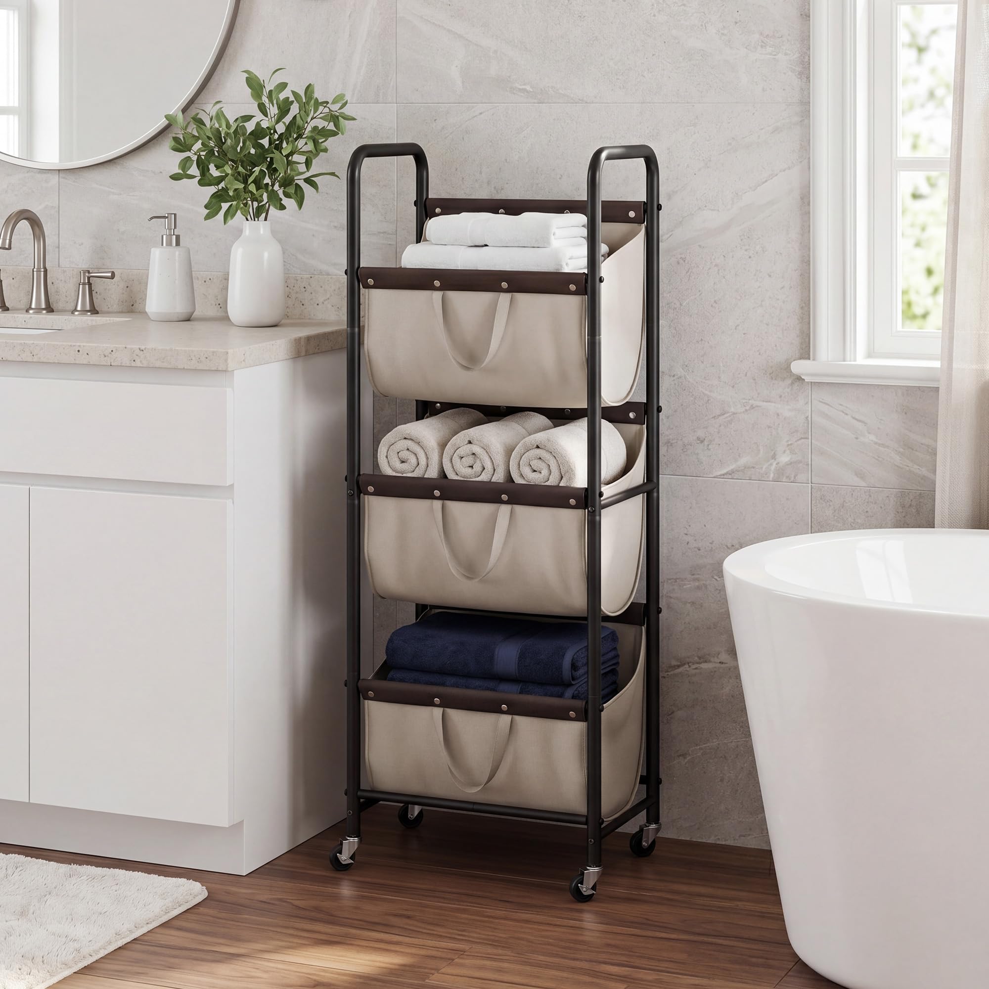 GRANNY SAYS Cesto Ropa Sucia de 3 Lazos, Cesta de Lavandería con Ruedas, Organización y Almacenamiento de Lavandería, Caqui Cesta Ropa Sucia con Ruedas de 3 secciones para Dormitorio, Laundry Basket | Cesta de lavandería resistente de 3 secciones con rued
