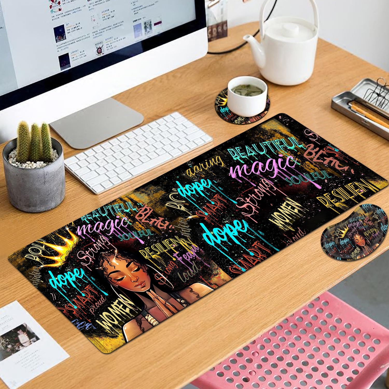 Large Mouse Pad with Mouse Wrist Rest, 31.5x11.8 in Extended Mouse Mat, Ergonomic Memory Foam Wrist Rest, for Work & Gaming Writing Pad, African American Black Women Graffiti Girl Office Desk Pad