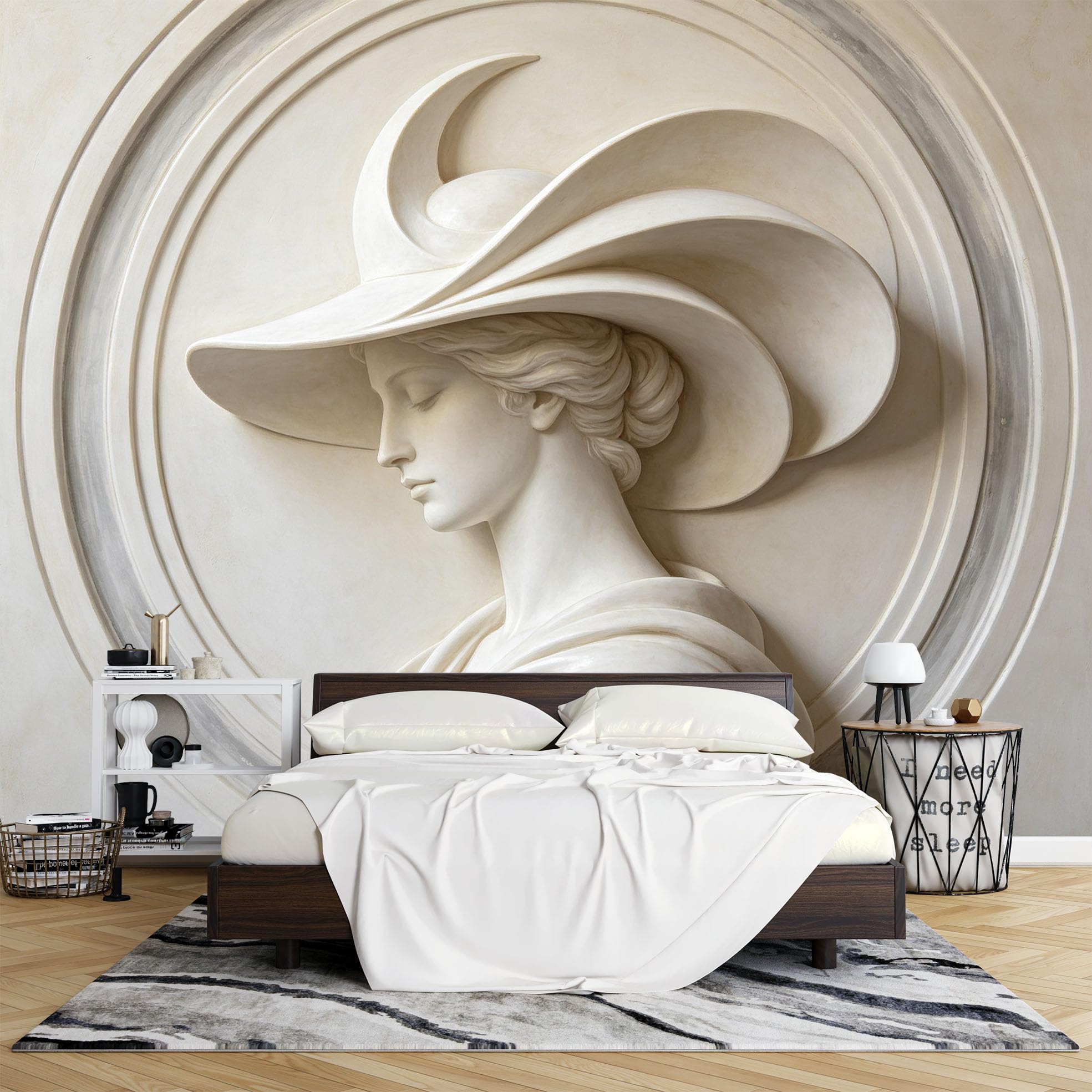 Papier Peint Mural Intissé 500 x 280 cm Motif Femme Élégante Au Chapeau À Larges Bords Style Sculpture 3D Idéal pour Le Salon Ou la Chambre Décoration Fresque Murale Inspirée Par la Sculpture