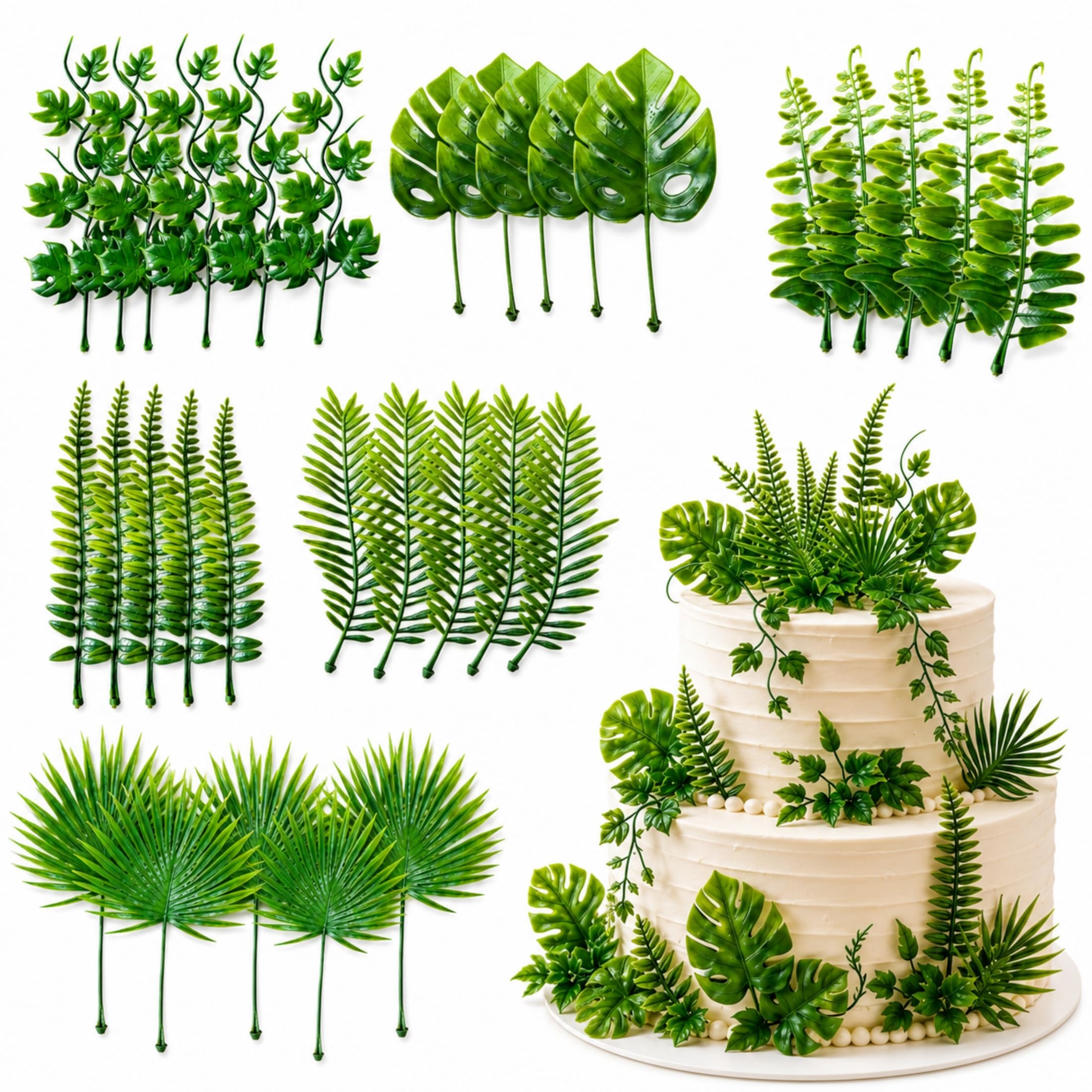 AOCGDDS Artificial Monstera Leaf Cake Toppers 30PCS Tropical Party Decor