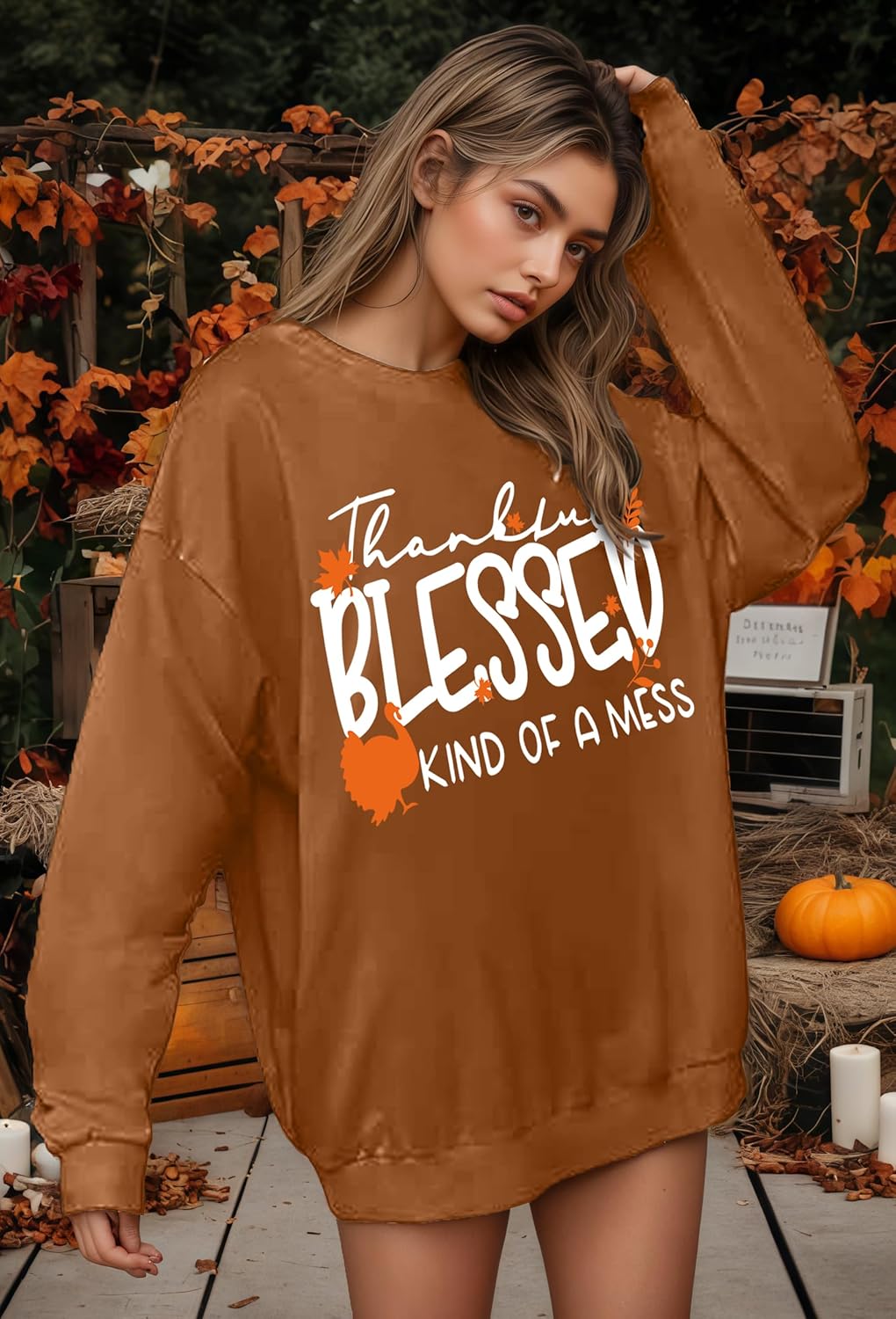 Thanksgiving Sweatshirts for Women Fall Crewneck Sweatshirt Long Sleeve Blessed Shirts Turkey Graphic Pullover Tops - Image 3