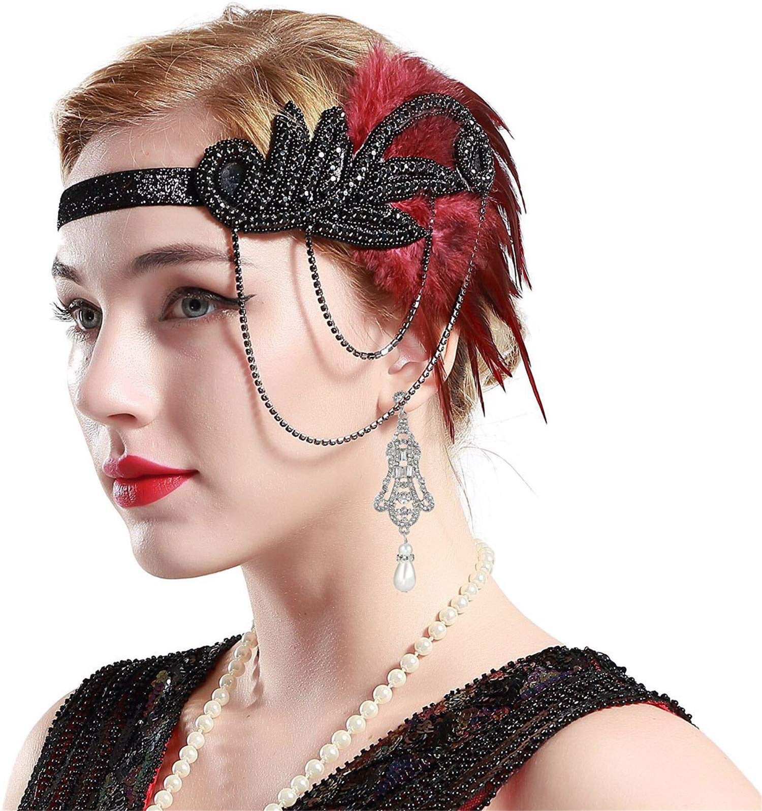 Fascia Anni '20 Flapper Con Cristalli E Perline - Copricapo Grande Gatsby Per Donna, Nero Con Dettagli Scintillanti