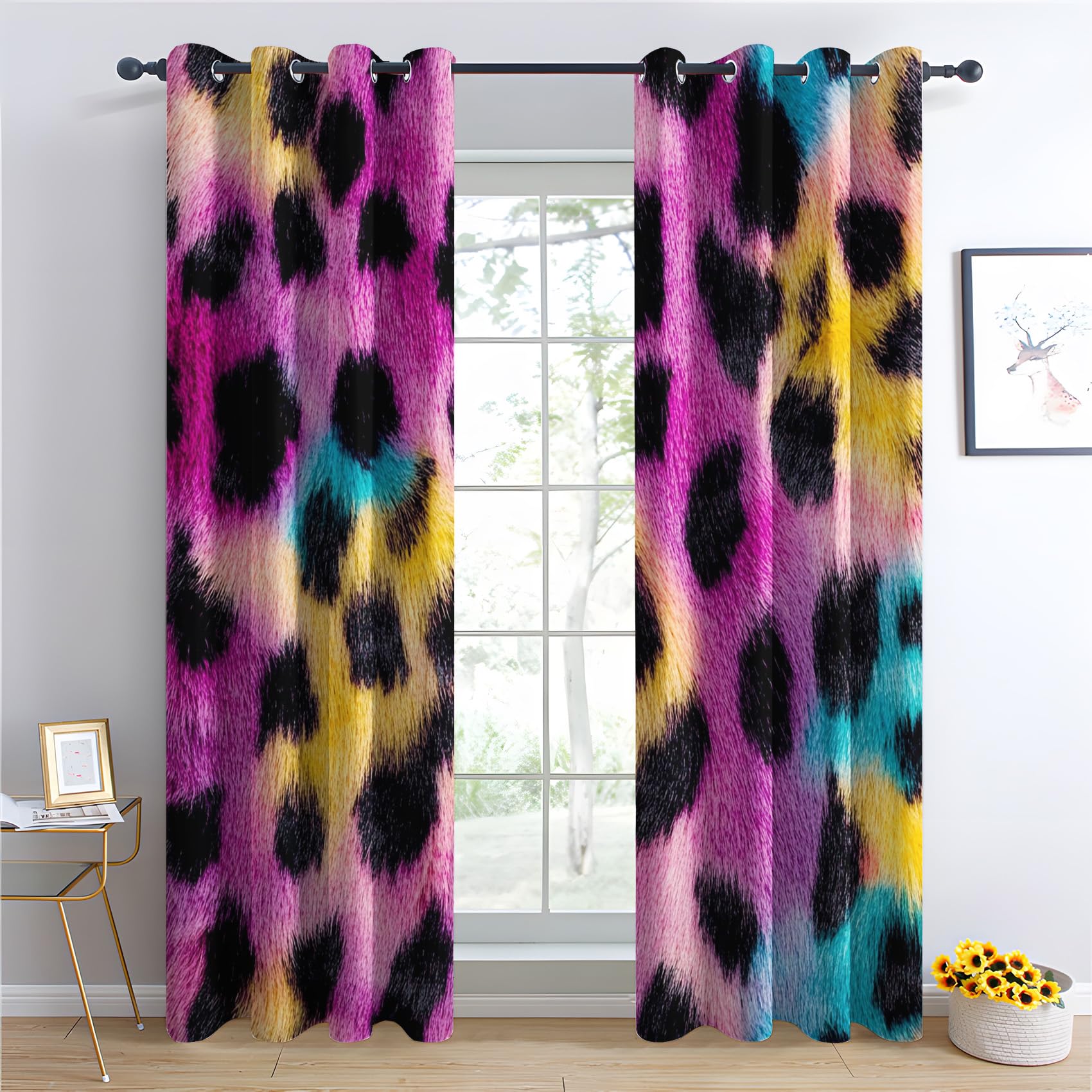 Venivici Leopard Print Blackout Curtains for Bedroom Living Room - 84 Inch Drop Curtains Eyelet, Girls Colorful Cheetah Print Patterned Window Treatments, Thermal Insulated Drapes 52x84 2 Panels
