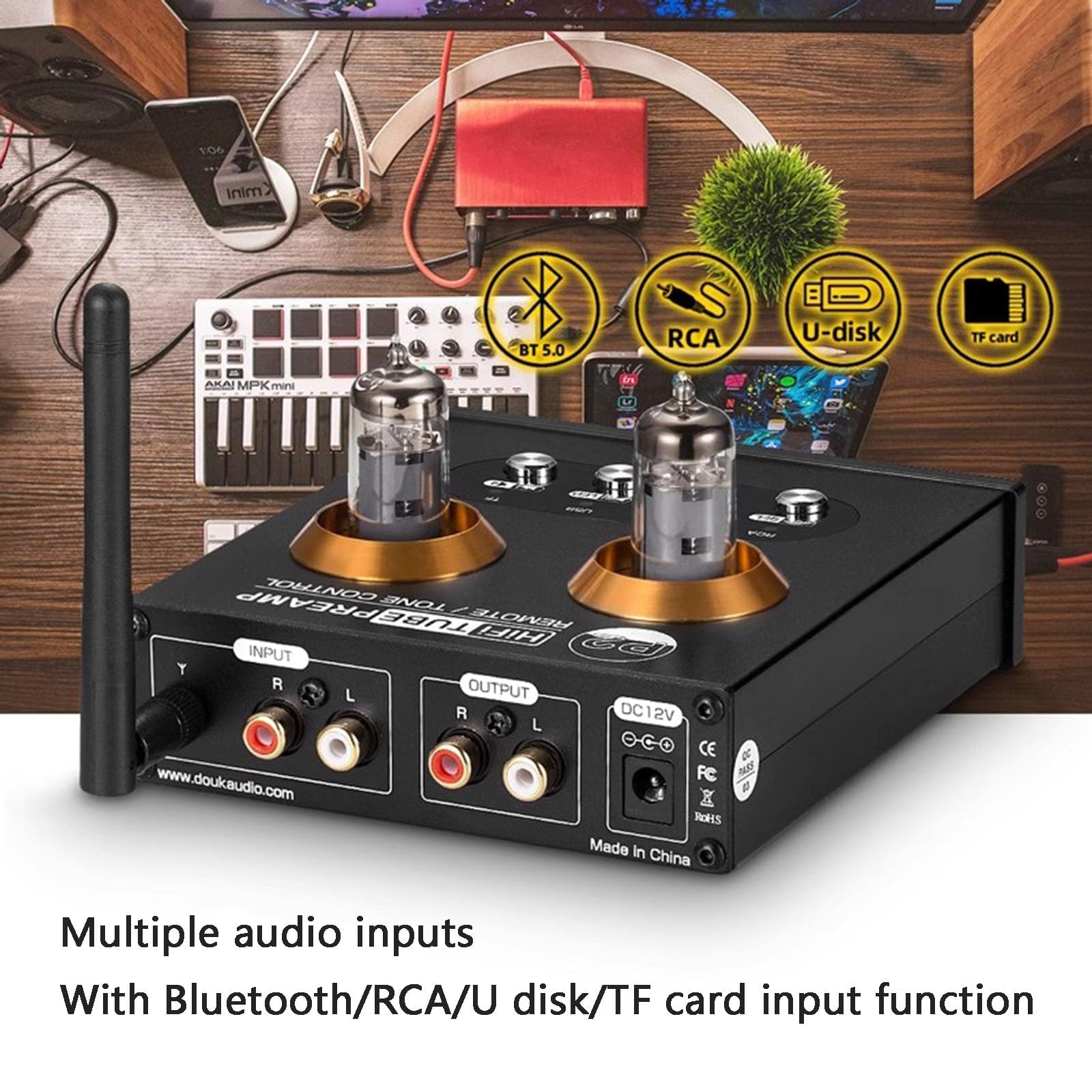 COYEUX Wzmacniacz lampowy Mini Hi-Fi Bluetooth 5.0 2-kanałowy wzmacniacz mocy klasy D, z pilotem zdalnego sterowania, do zestawu słuchawkowego Home Audio