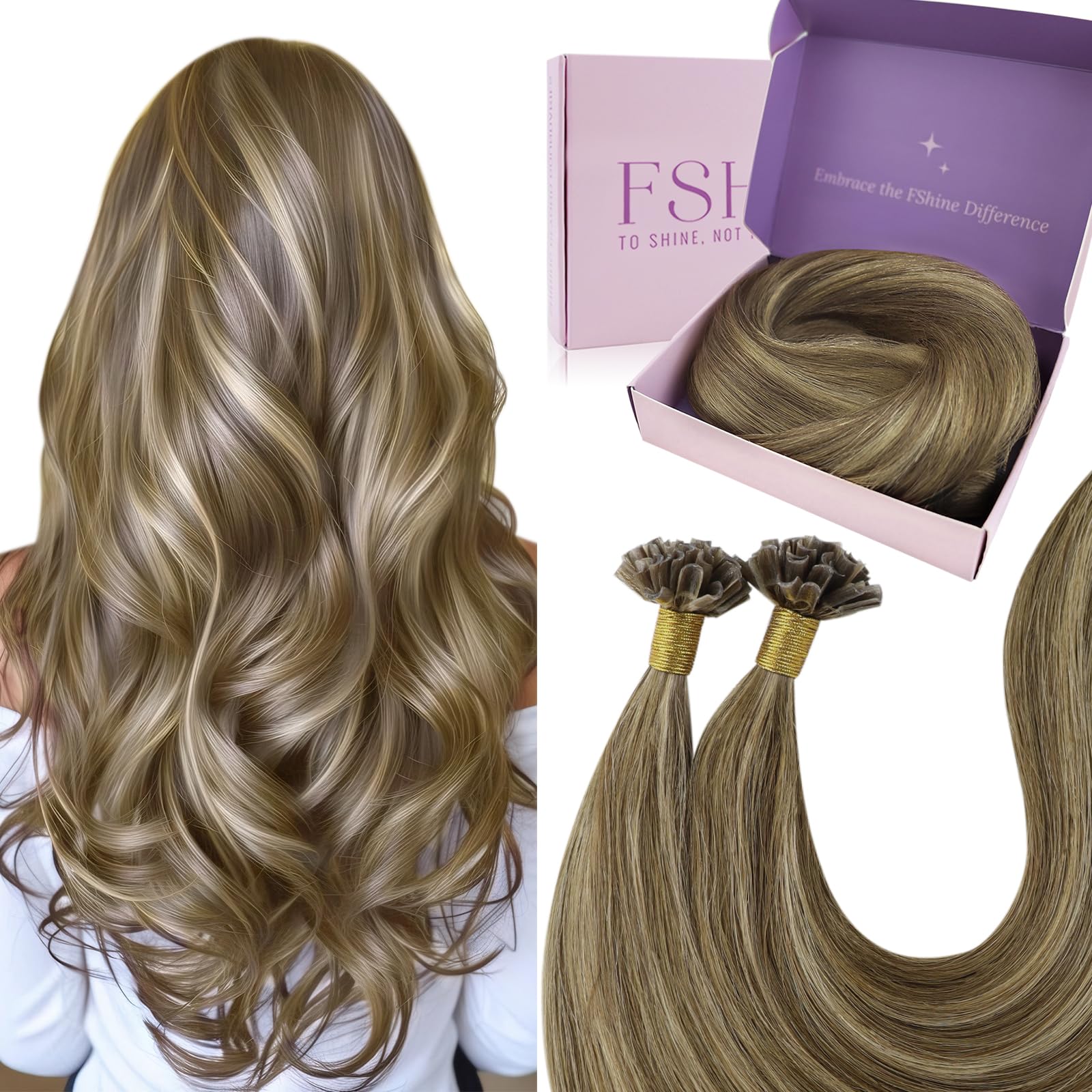 Fshine Cheratina Extension Capelli 40CM 50g Extension Lisci Capelli Marrone e Bionde Highlights U Tip Human Extension Extension 1g/ciocca Keratin Extensions Human Hair