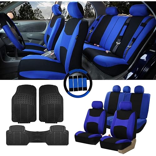 FH Group Light & Breezy Cloth Full Set Car Seat Covers (Blue/Black) Combo Set: Steering Wheel Cover, Seat Belt Pads and Black Vinyl Floor Mats – Universal Fit for Cars Trucks & SUVs