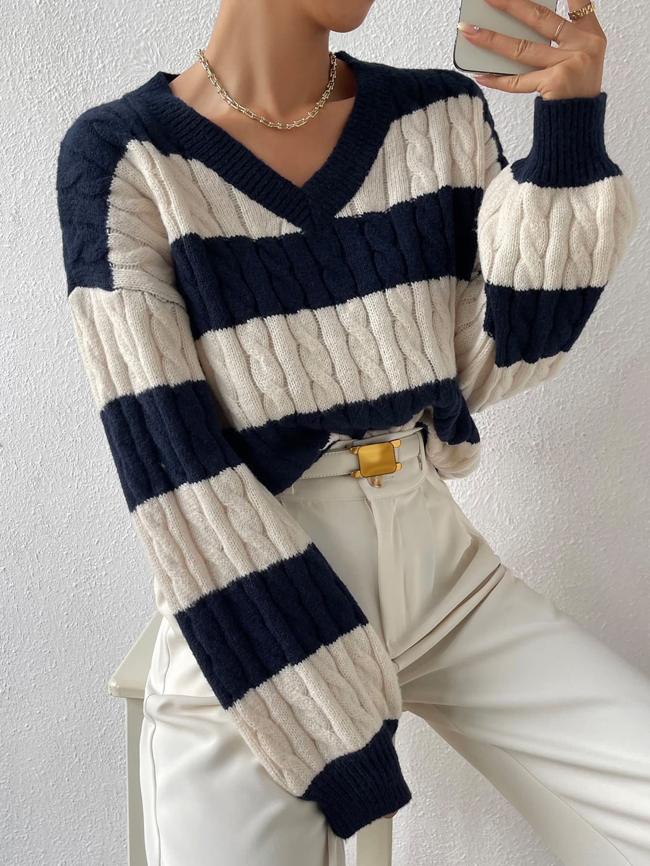 トップス OHOTORO Two Tone Belted Knit / Blue Amazon.com: Neeno Two Tone Cable Knit Drop Shoulder Sweater (Color