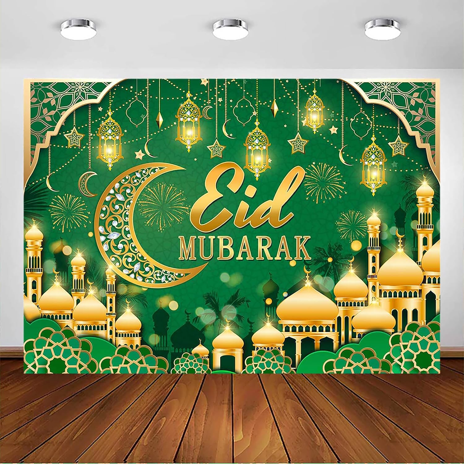 Avezano Eid Mubarak Backdrop Muslim Ramadan Eid Mubarak Party Decorations Banner Eid Mubarak Background for Muslim Ramadan Party Supplies (Green, 6x4ft)