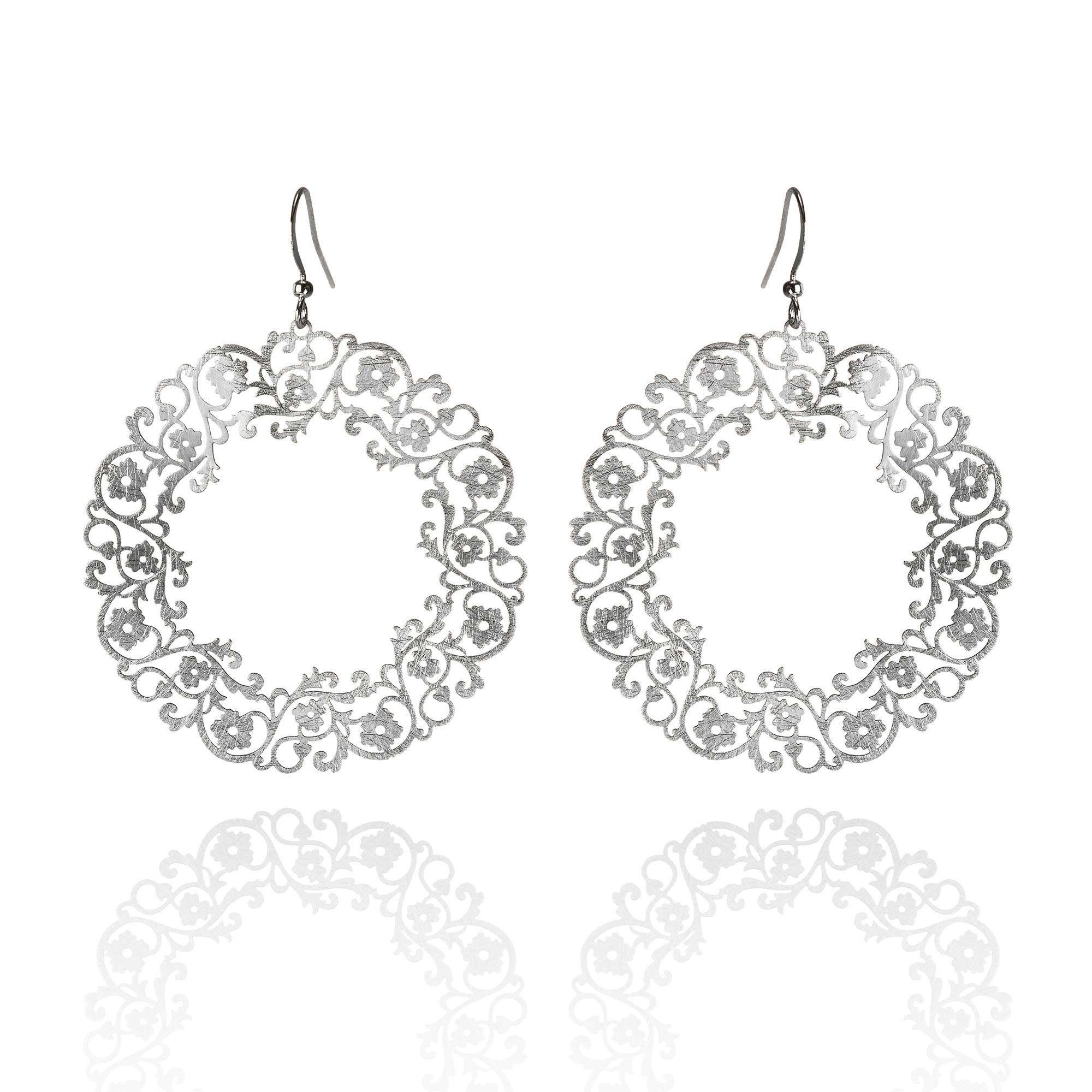 Namana – Grandi Orecchini Donna Con Mandala E Madreperla, Geometria Sacra, Finitura Spazzolata, Colore Argento