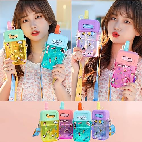 Miniatura 7 de Lindas botellas de agua con pajitas para niños, creativo Kawaii en forma de teléfono celular, a prueba de fugas, taza de jugo con correa ajustable