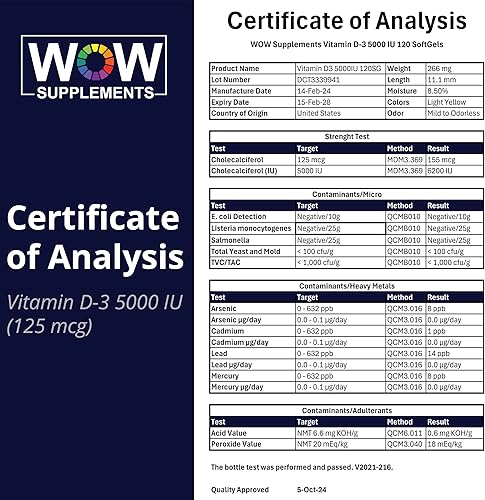 Miniatura 8 de WOW Supplements Vitamina D3 5000 UI cápsulas blandas, 125 mcg  Suplemento de vitamina D3 5000IU para huesos fuertes y apoyo inmunológico  Sin OMG,