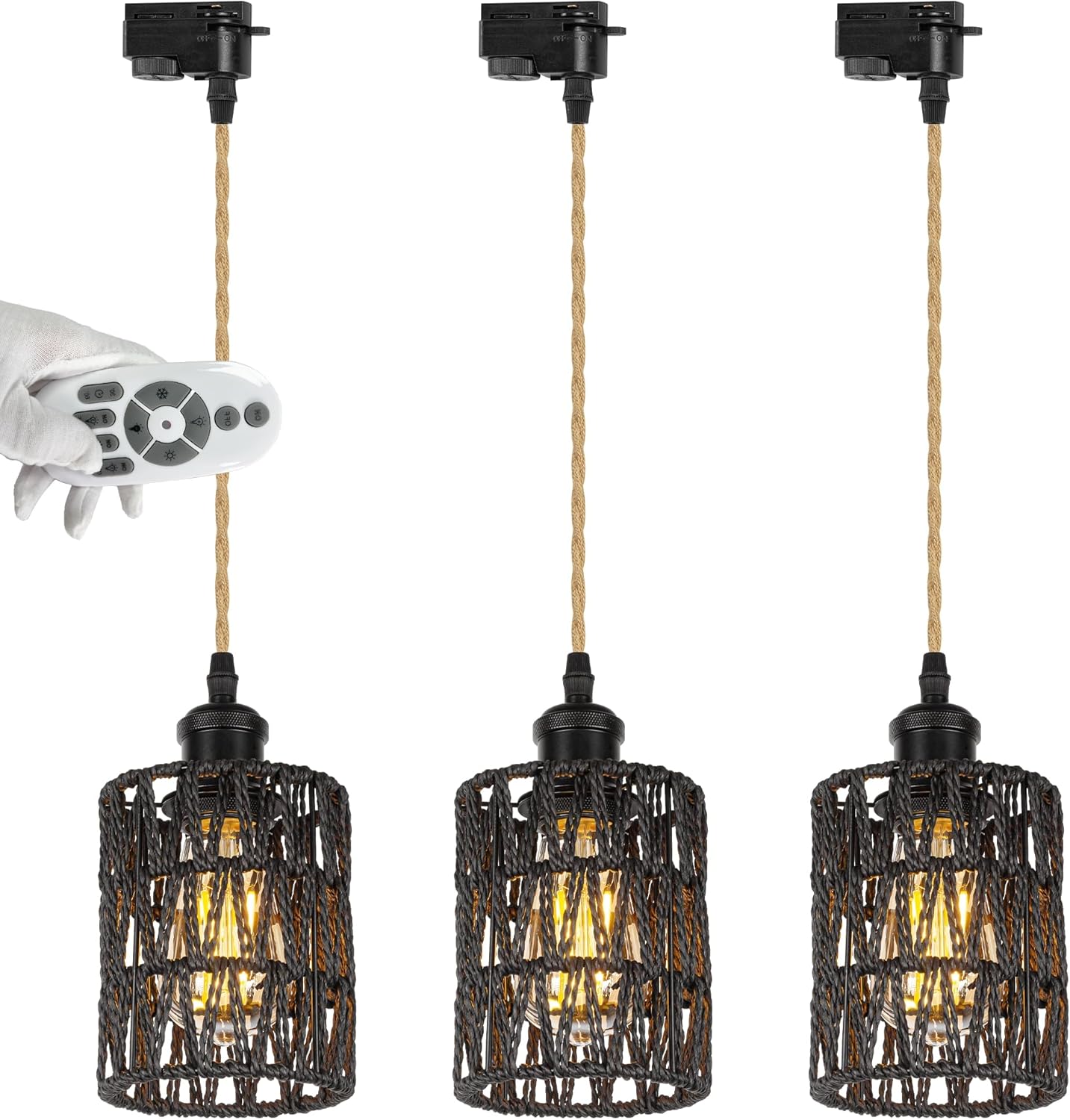2-Wire Track Lighting Pendants Twine Natural Rattan Shade Modern Remote Control with Dimmable Color Warmth Bulbs Black Pendant Lights Decorate for Kitchen Island Customizable