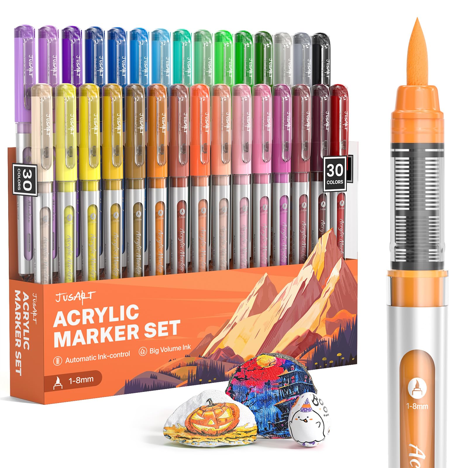 JusArt Acrylic Paint Markers 30 Colors, Brush Tip, Waterproof, Ideal for Adults, Art Paint Markers, 30 Colors, 1-8mm Lines, Ready for Gifting