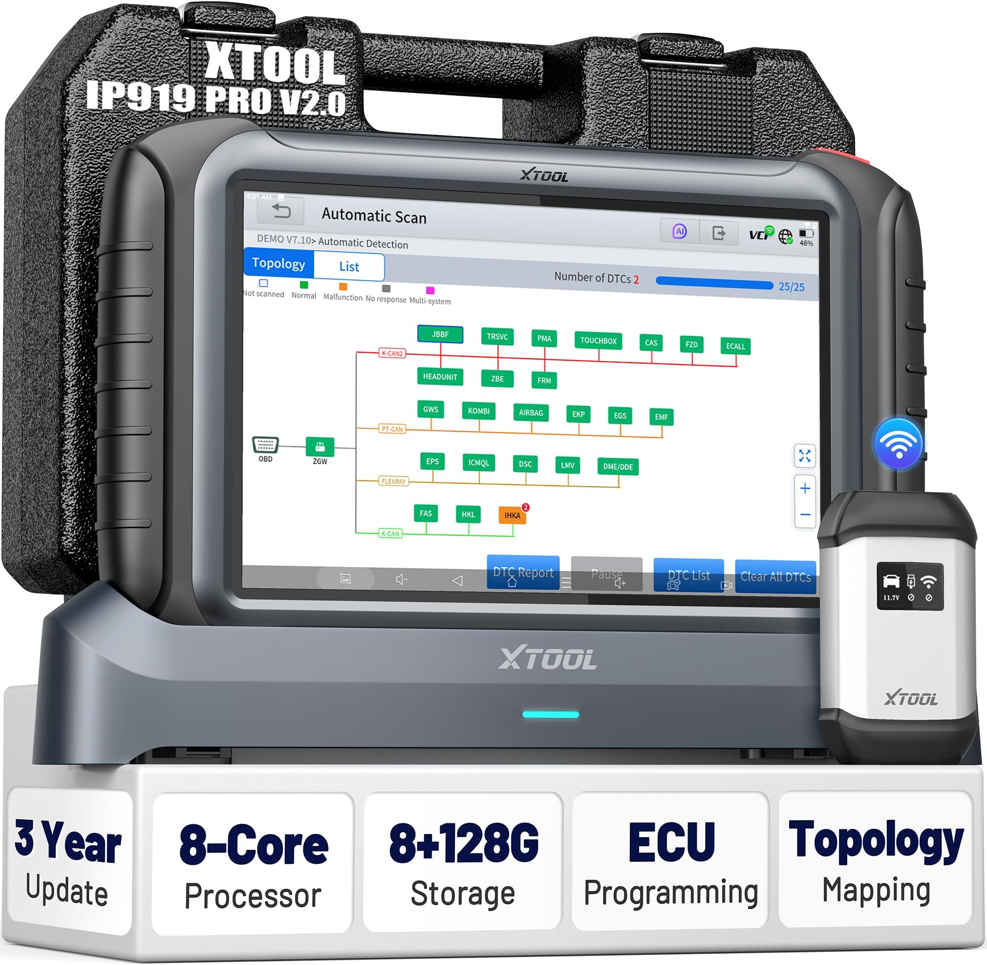XTOOL IP919 PRO 2.0V 10''OE Level Scan Tool, Topology Mapping OBD2 Scanner with Bidirectional Test, 51+ Reset, Upgrade of D9S PRO, Automotive Scanner for Car, ADAS Diagnostic Scanner, FCA/CAN FD/DoIP