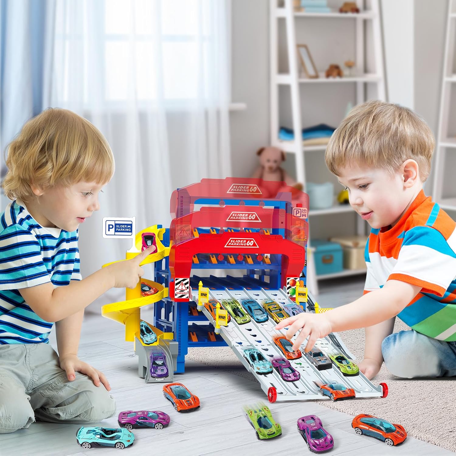 VATOS Sliding Track Truck Car, Parking Toy Storage Track Car Toy with 10 Cars for Boys Ages 3 4 5 6 7 8, Birthday School Year Gift Car Set for Boys Girls Toddlers 3-5